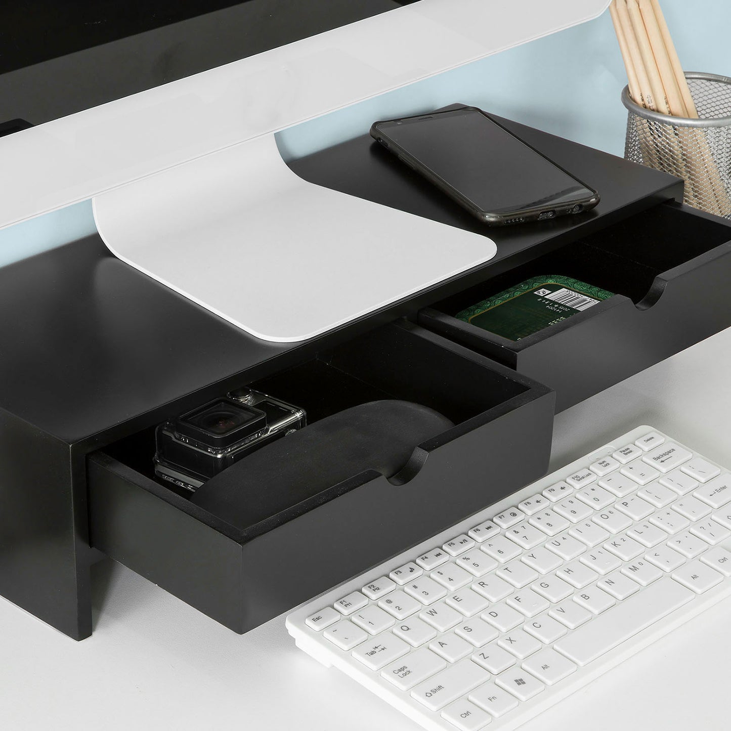 SoBuy Monitor Stand, Monitor Riser, Desk Organiser with Drawers Black