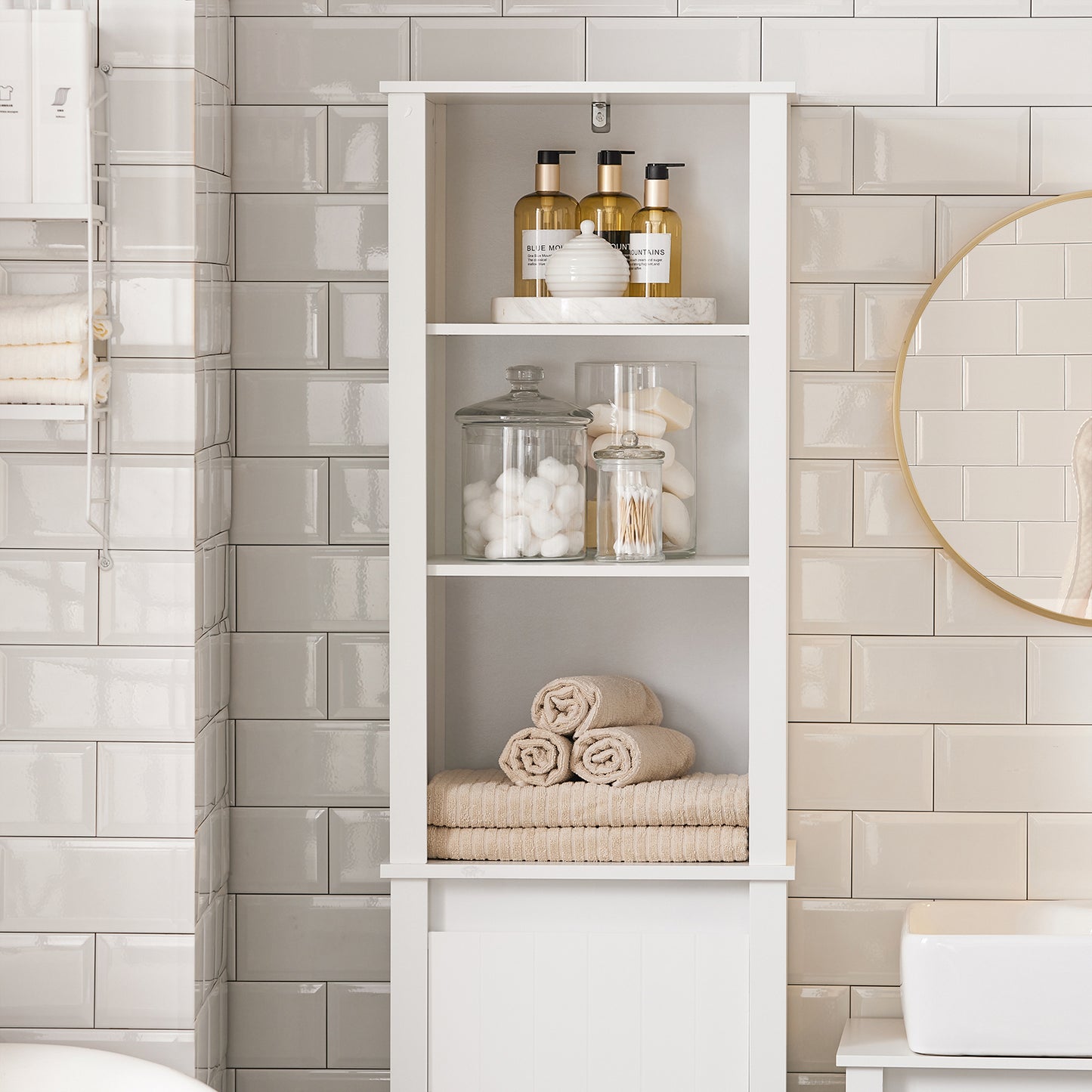 SoBuy Bathroom Tall Cabinet Cupboard Bathroom Storage Cabinet with Laundry Basket