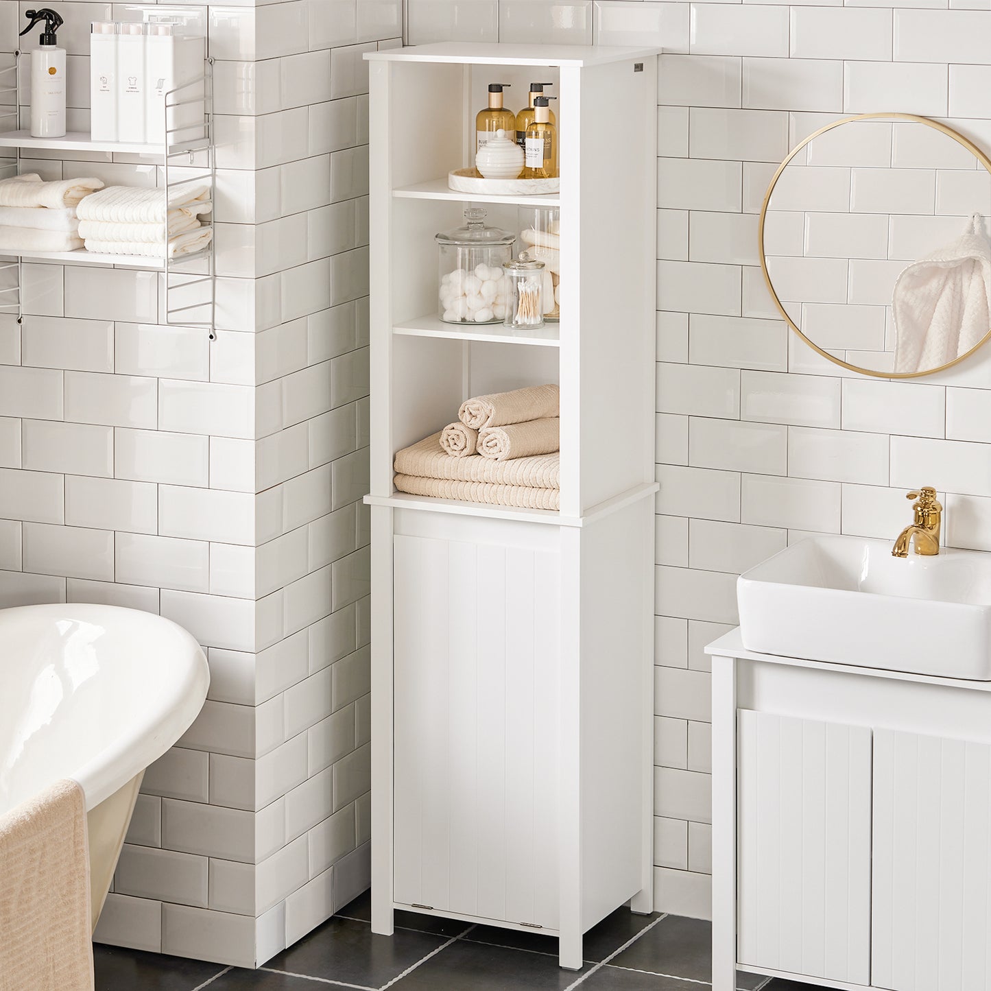 SoBuy Bathroom Tall Cabinet Cupboard Bathroom Storage Cabinet with Laundry Basket