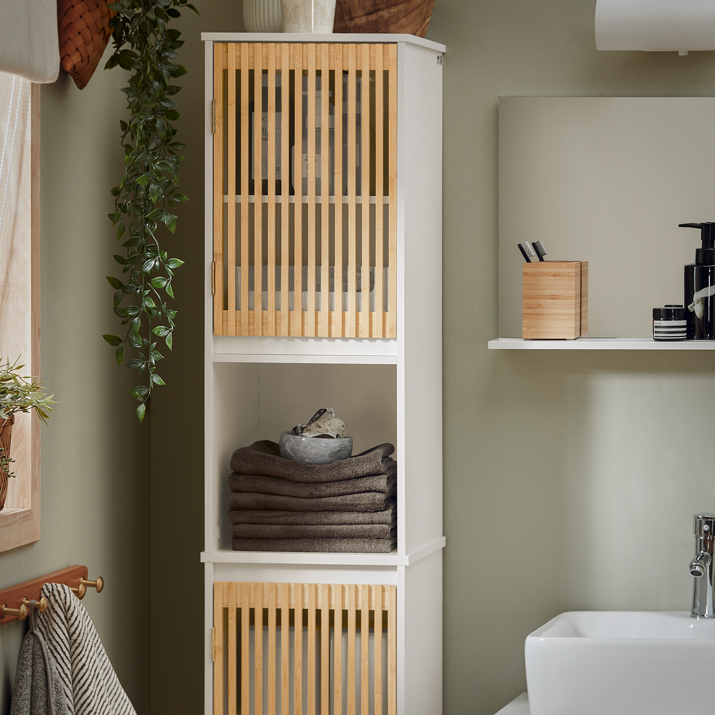 SoBuy Bamboo Bathroom Tall Cabinet Tall Cupboard Bathroom Cabinet Storage Cabinet