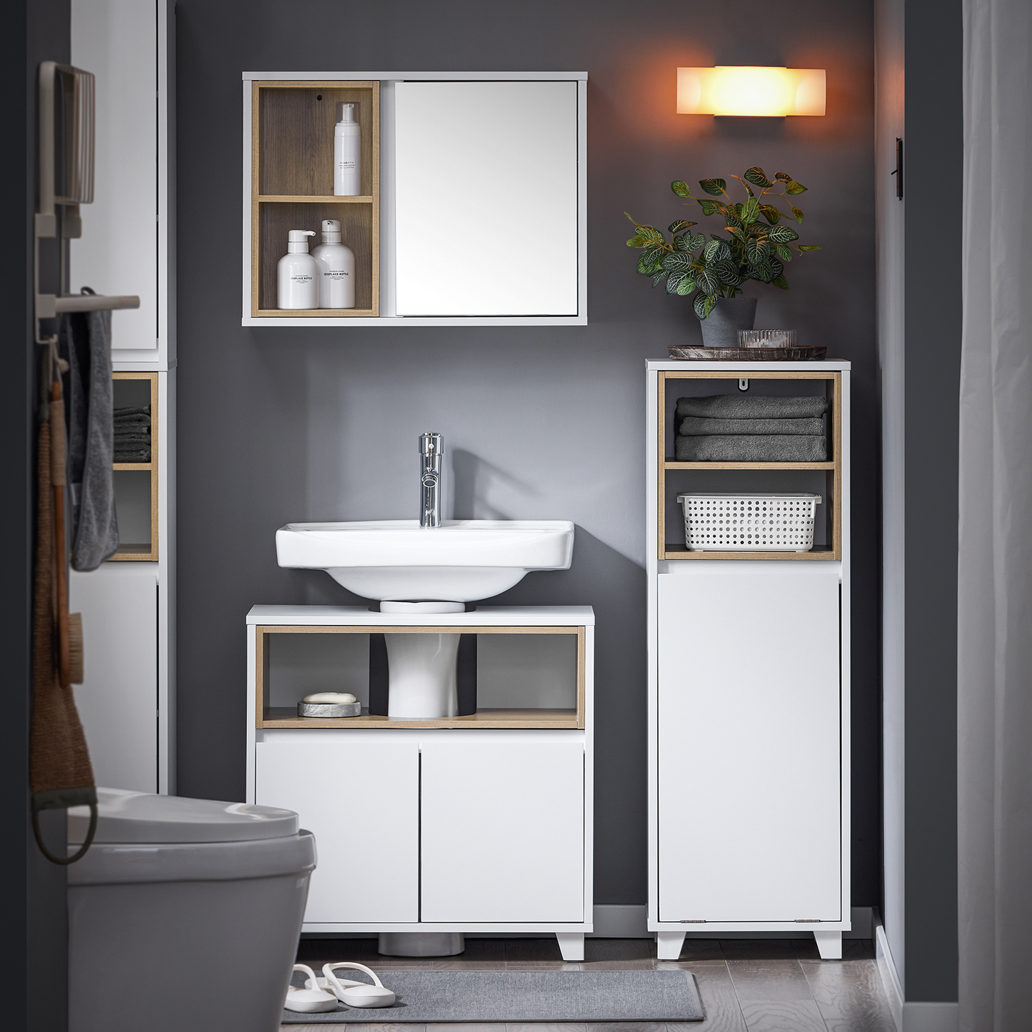 SoBuy 2 Shelves Bathroom Cabinet Cupboard Bathroom Storage Cabinet with Laundry Basket