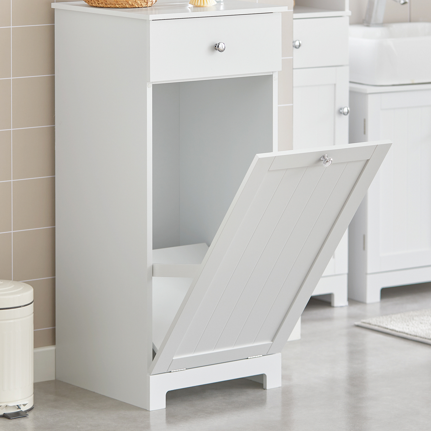 SoBuy White Laundry Cabinet with Basket and Drawer, Tilt-Out Laundry Hamper, Storage Cabinet