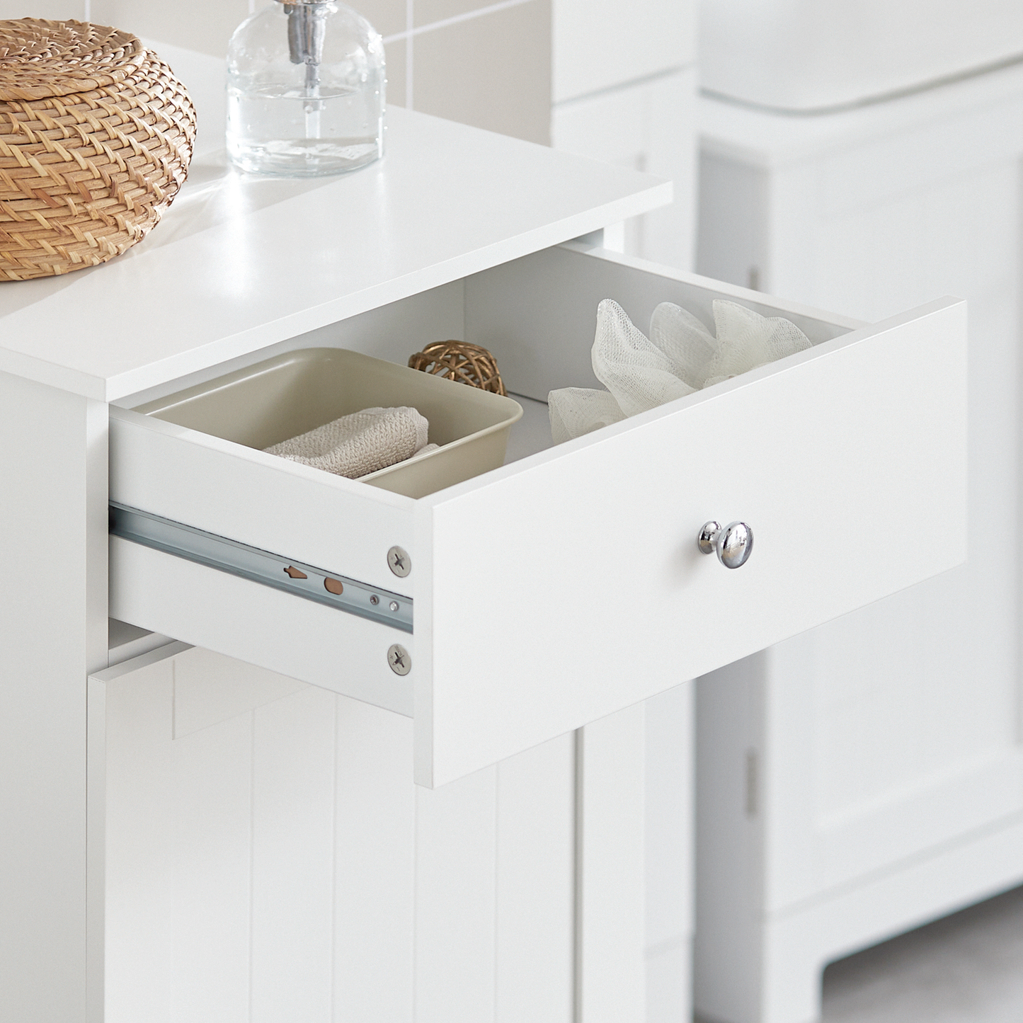 SoBuy White Laundry Cabinet with Basket and Drawer, Tilt-Out Laundry Hamper, Storage Cabinet