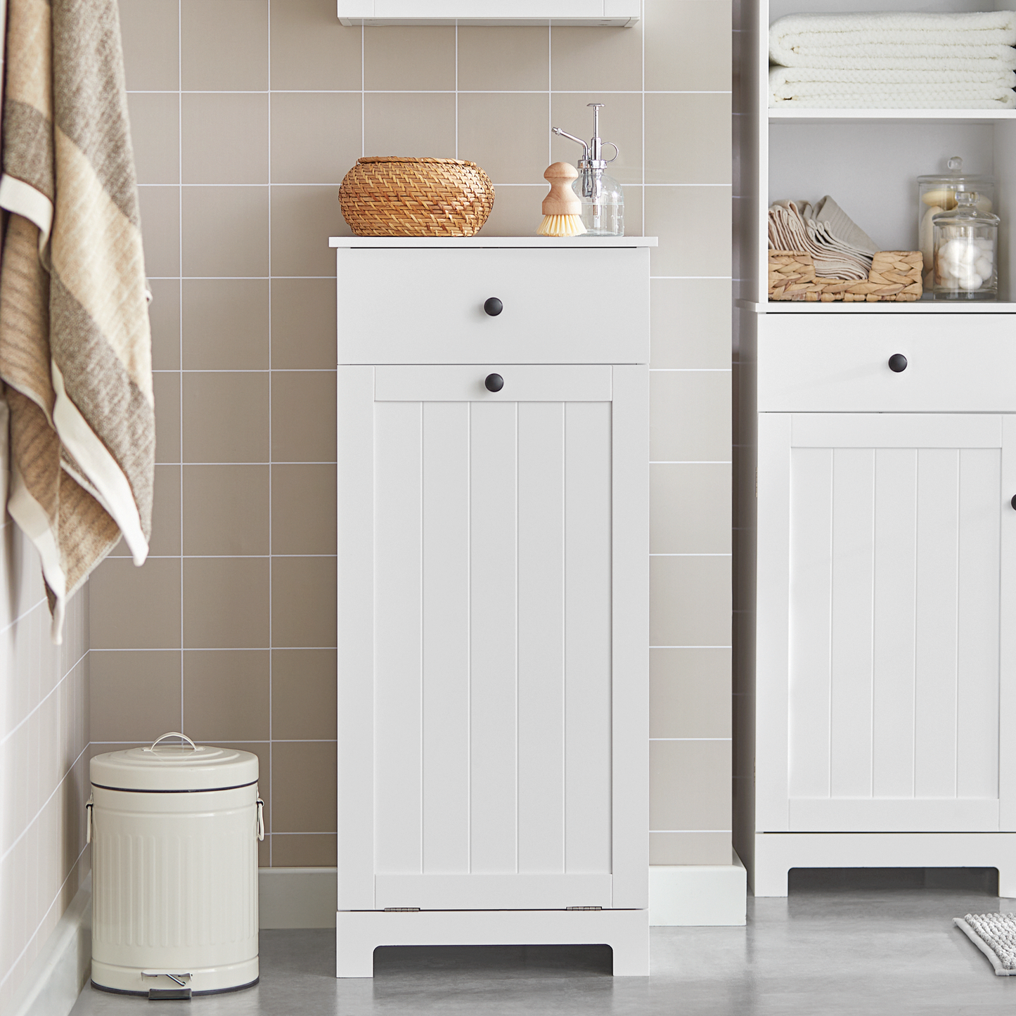 SoBuy White Laundry Cabinet with Basket and Drawer, Tilt-Out Laundry Hamper, Storage Cabinet