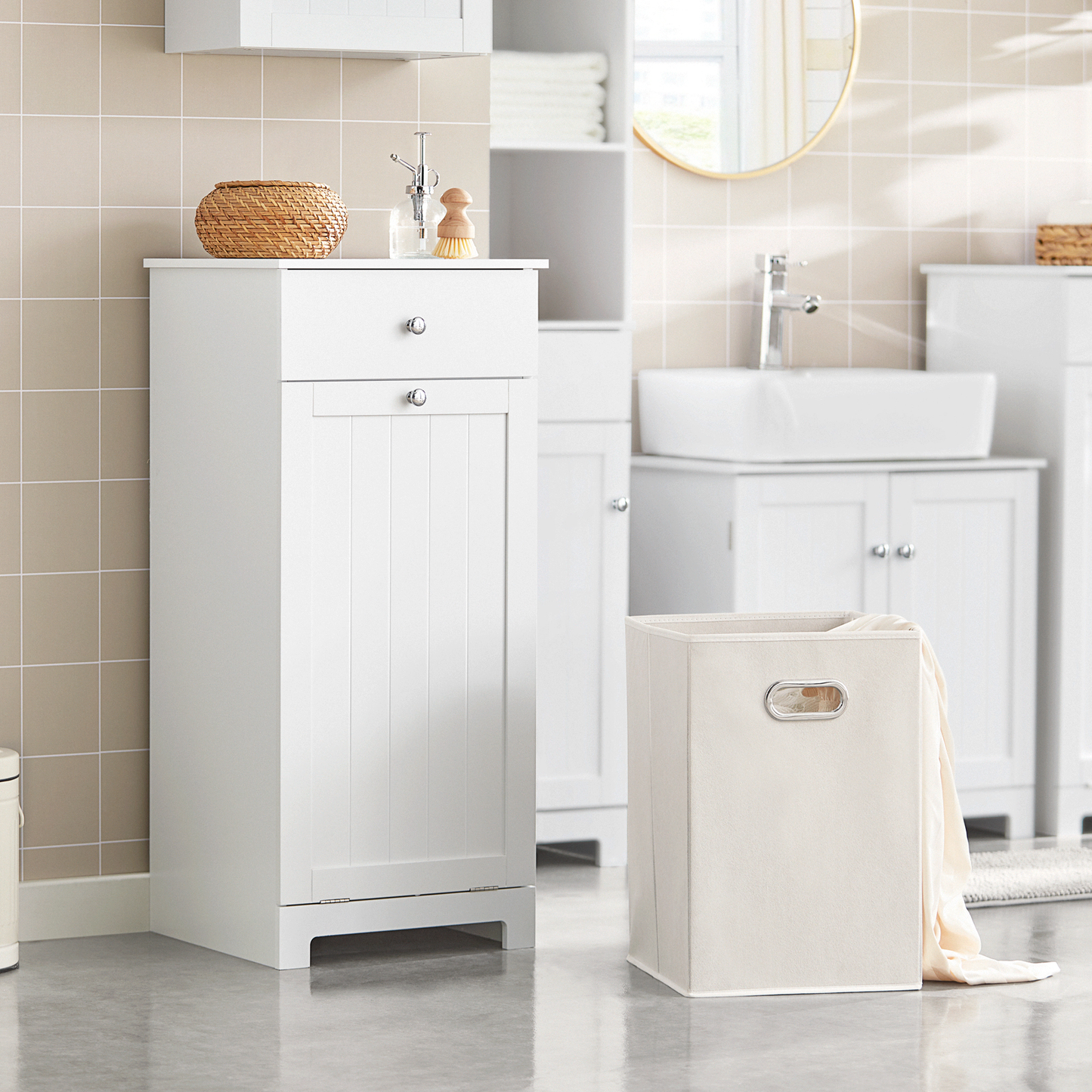 SoBuy White Laundry Cabinet with Basket and Drawer, Tilt-Out Laundry Hamper, Storage Cabinet