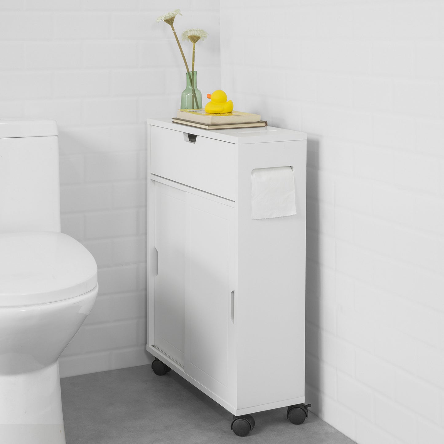 SoBuy White Toilet Paper Roll Holder, Bathroom Cabinet Storage Shelf on Wheels