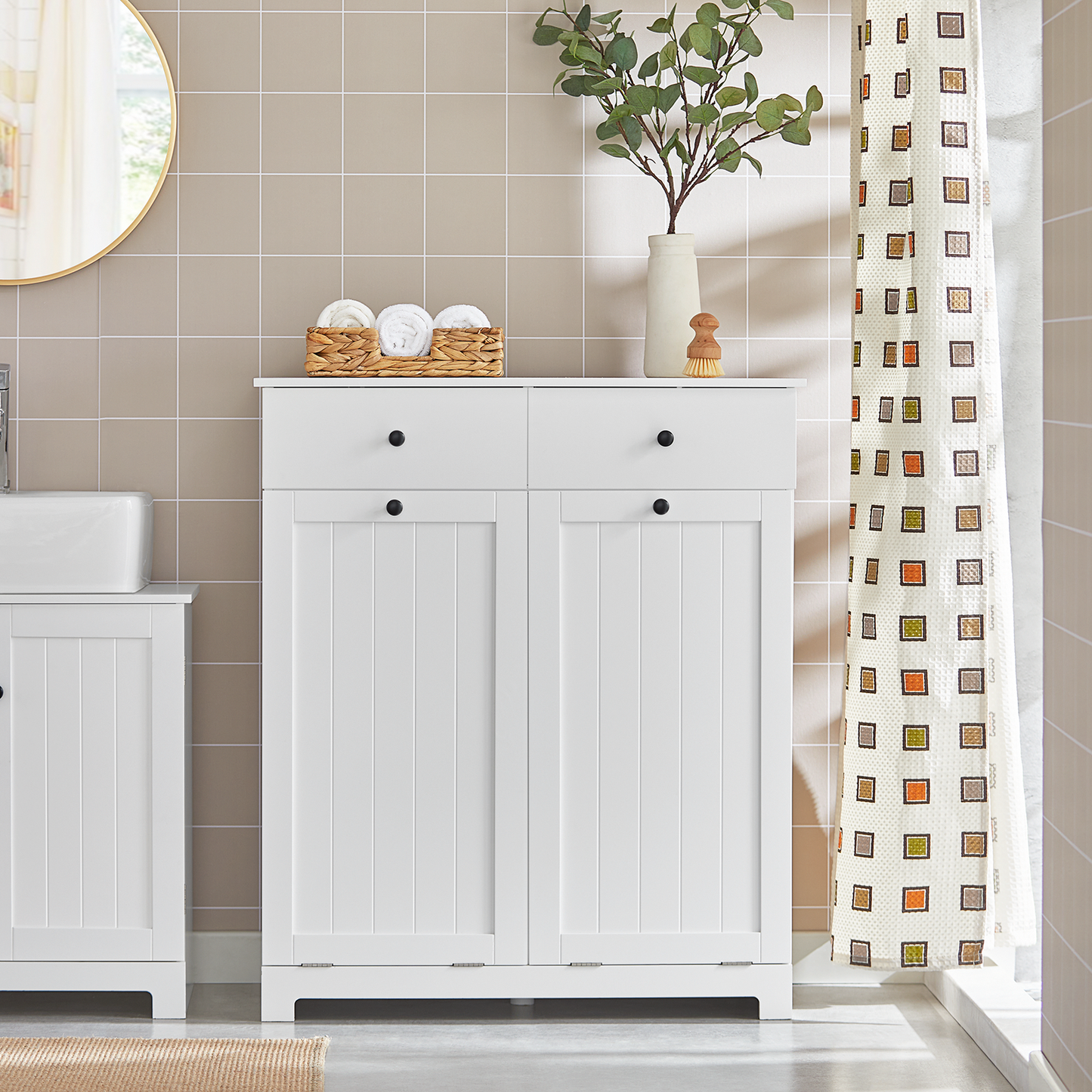 SoBuy 2 Drawers 2 Doors Laundry Cabinet Laundry Chest with 2 Removable Laundry Baskets, Bathroom Cabinet