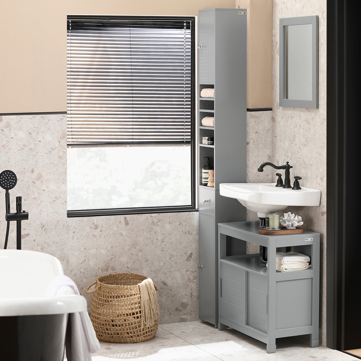 SoBuy Grey Tall Bathroom Cabinet High Storage Cupboard with Shelves