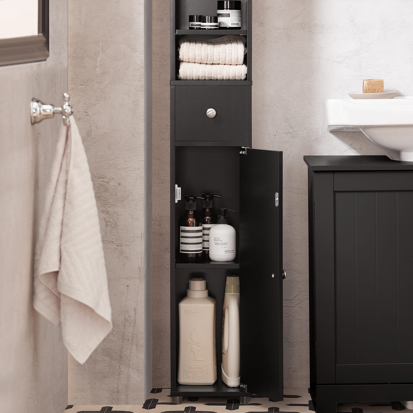 SoBuy Black Bathroom Cabinet Bathroom Shelf Bathroom Tall Cabinet Cupboard