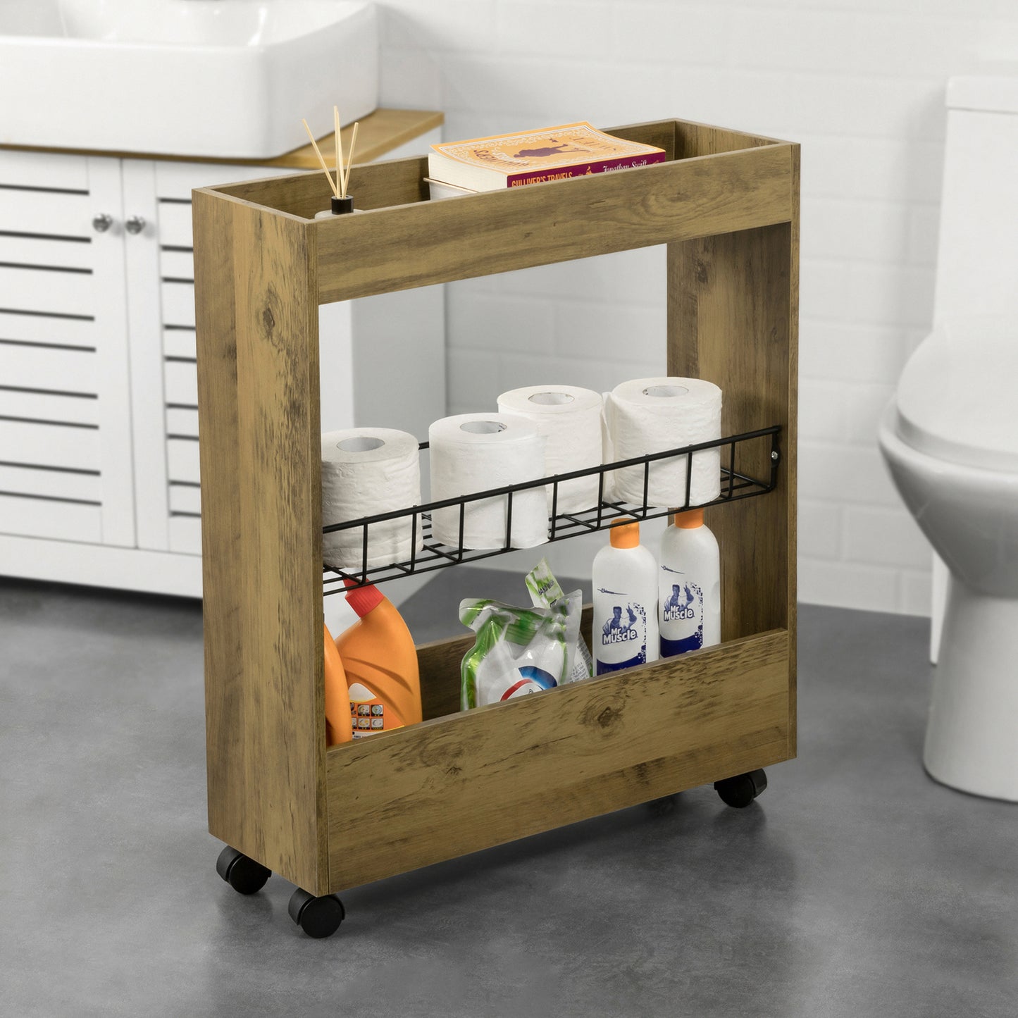 SoBuy Bathroom Toilet Paper Roll Holder, Narrow Bathroom Shelf on Wheels, 3 Tiers Mobile Storage Shelf Rack