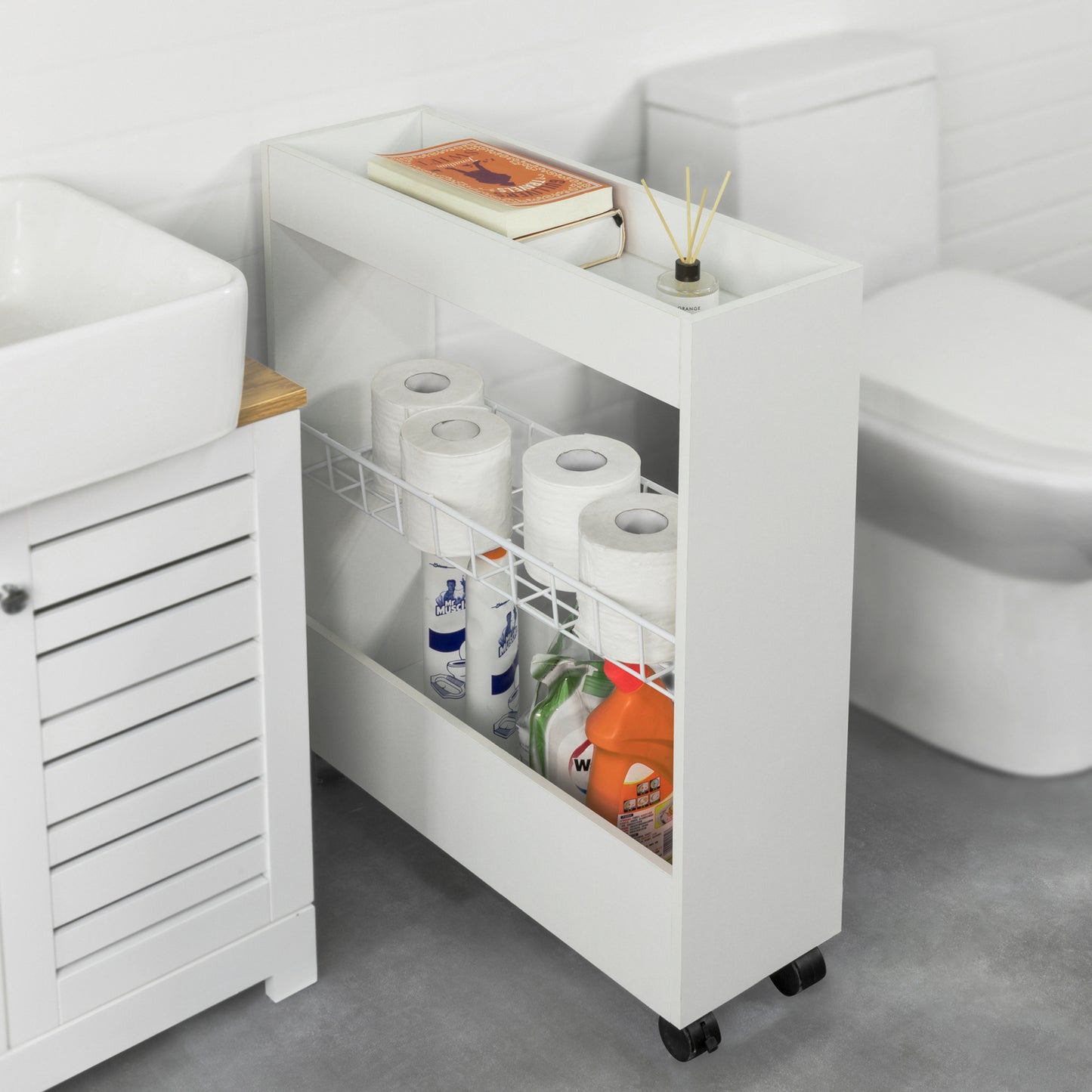 SoBuy Bathroom Toilet Paper Roll Holder, Narrow Bathroom Shelf on Wheels, 3 Tiers Mobile Storage Shelf Rack