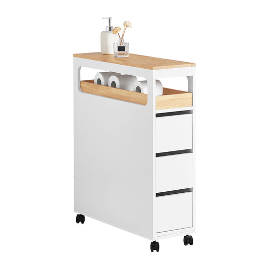 SoBuy Storage Cart Narrow Cabinet on Wheels Storage Cabinet with 1 Removable Tray and 3 Drawers