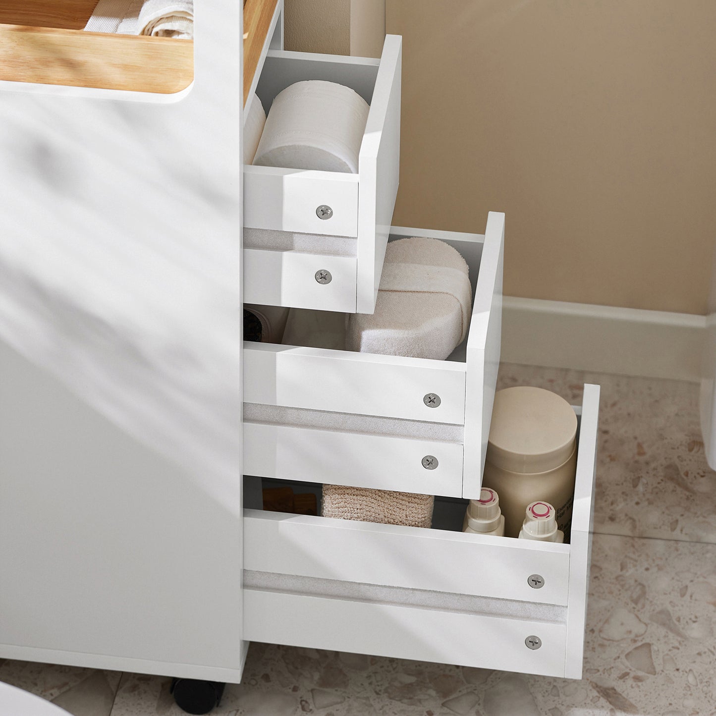 SoBuy Storage Cart Narrow Cabinet on Wheels Storage Cabinet with 1 Removable Tray and 3 Drawers