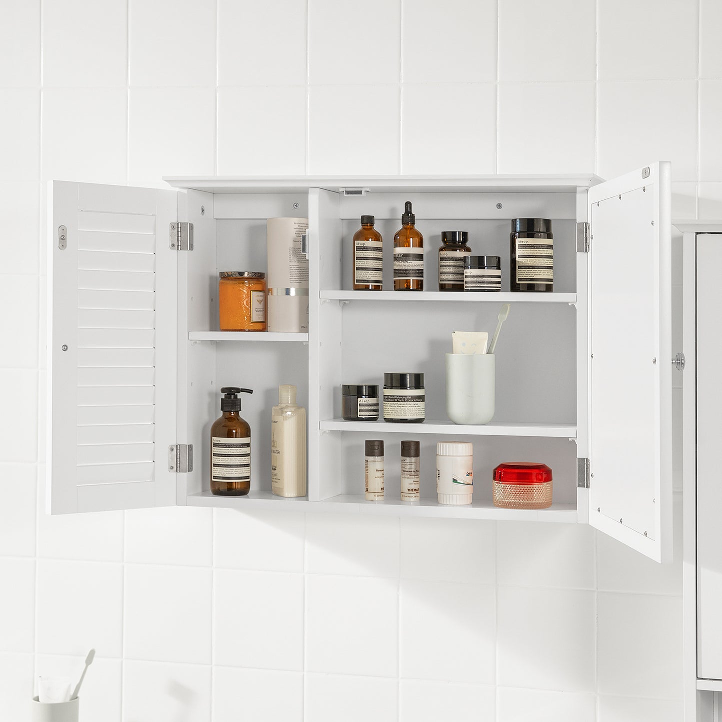 SoBuy Bathroom Wall Mirror Cabinet with Slat Door Wall Cupboard with Mirrored Door White