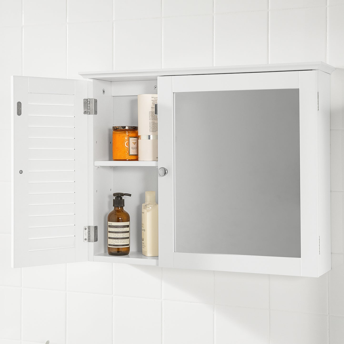 SoBuy Bathroom Wall Mirror Cabinet with Slat Door Wall Cupboard with Mirrored Door White