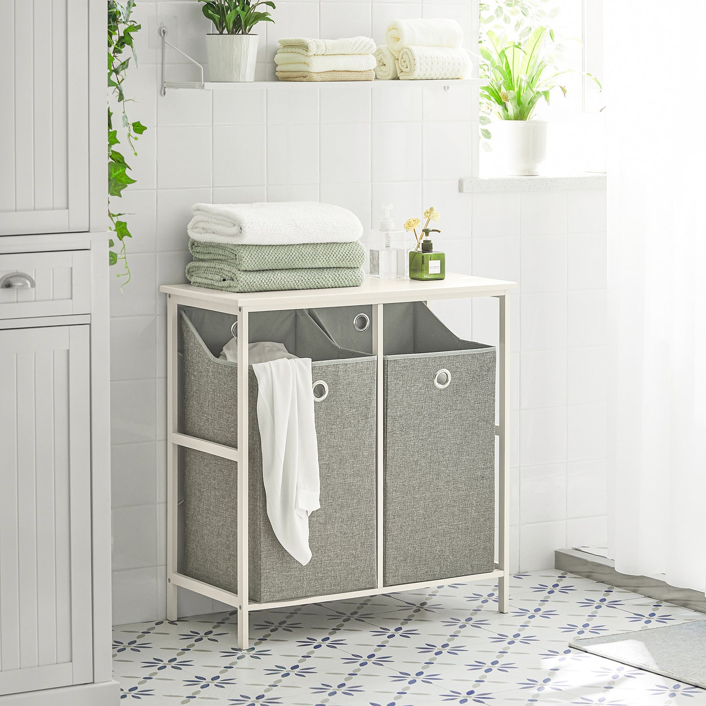 SoBuy Laundry Cabinet Laundry Chest with 2 Removable Laundry Baskets, Bathroom Storage Shelf Rack