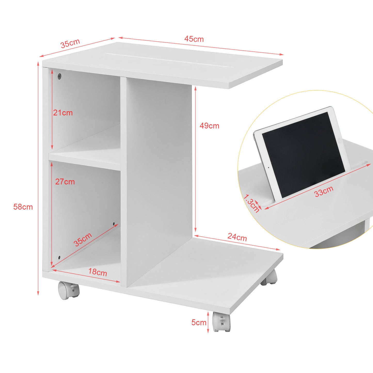 SoBuy Side Table End Table On Wheels With 2 Storage Shelves & Tablet Holder