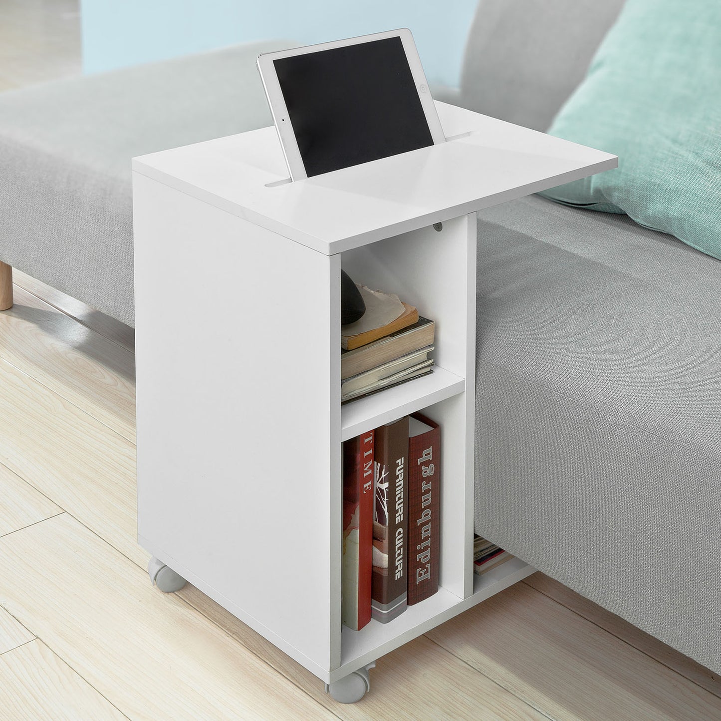 SoBuy Side Table End Table On Wheels With 2 Storage Shelves & Tablet Holder