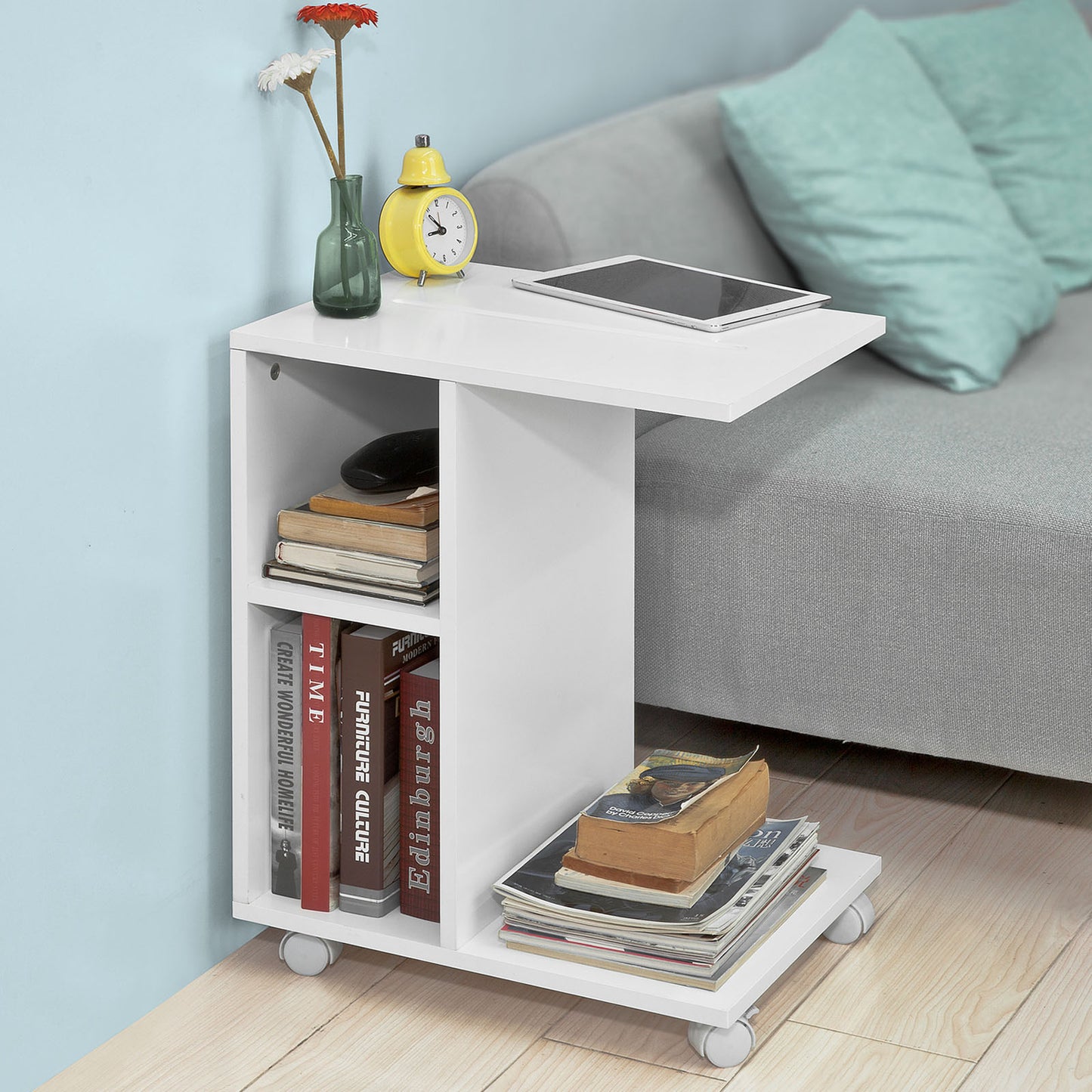 SoBuy Side Table End Table On Wheels With 2 Storage Shelves & Tablet Holder