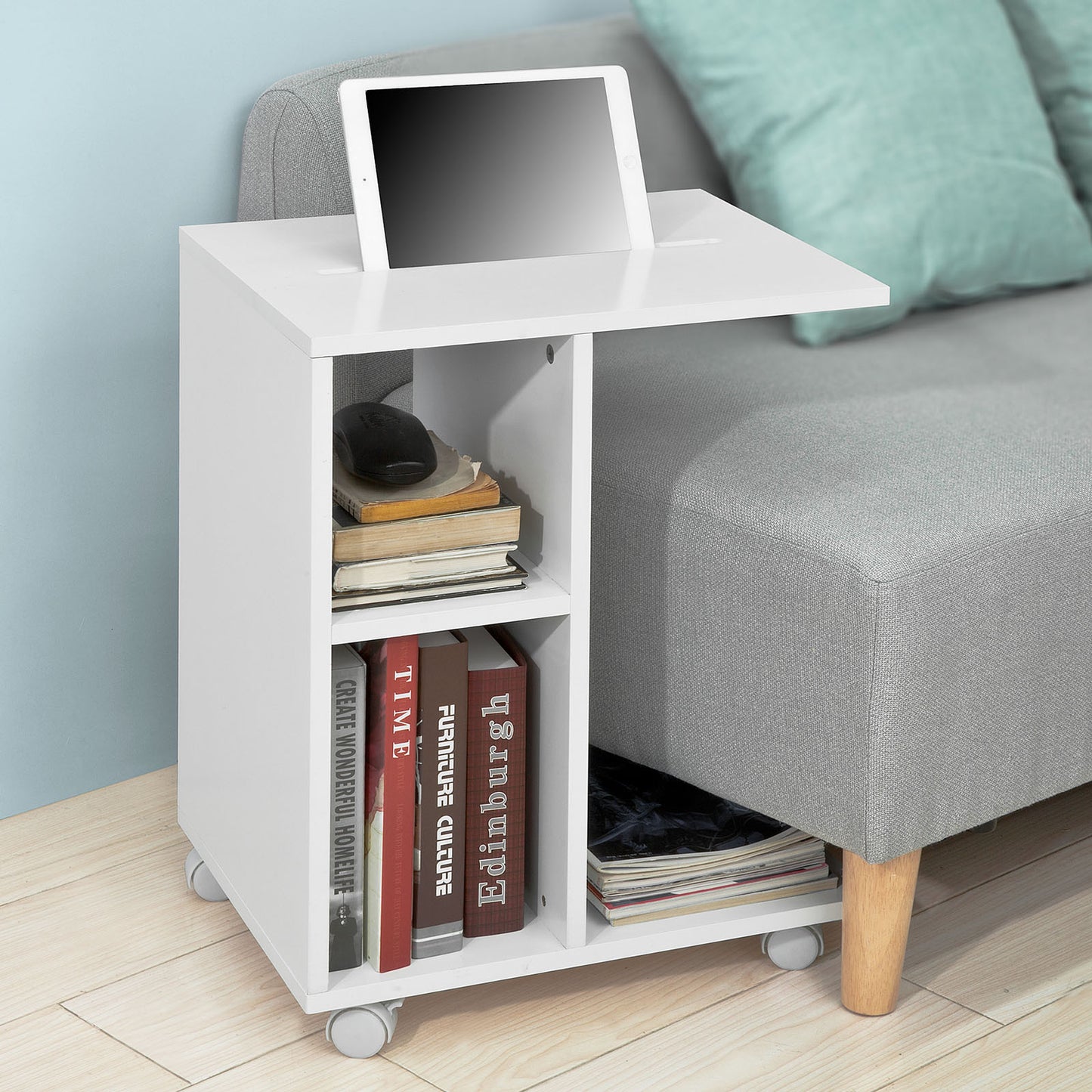 SoBuy Side Table End Table On Wheels With 2 Storage Shelves & Tablet Holder