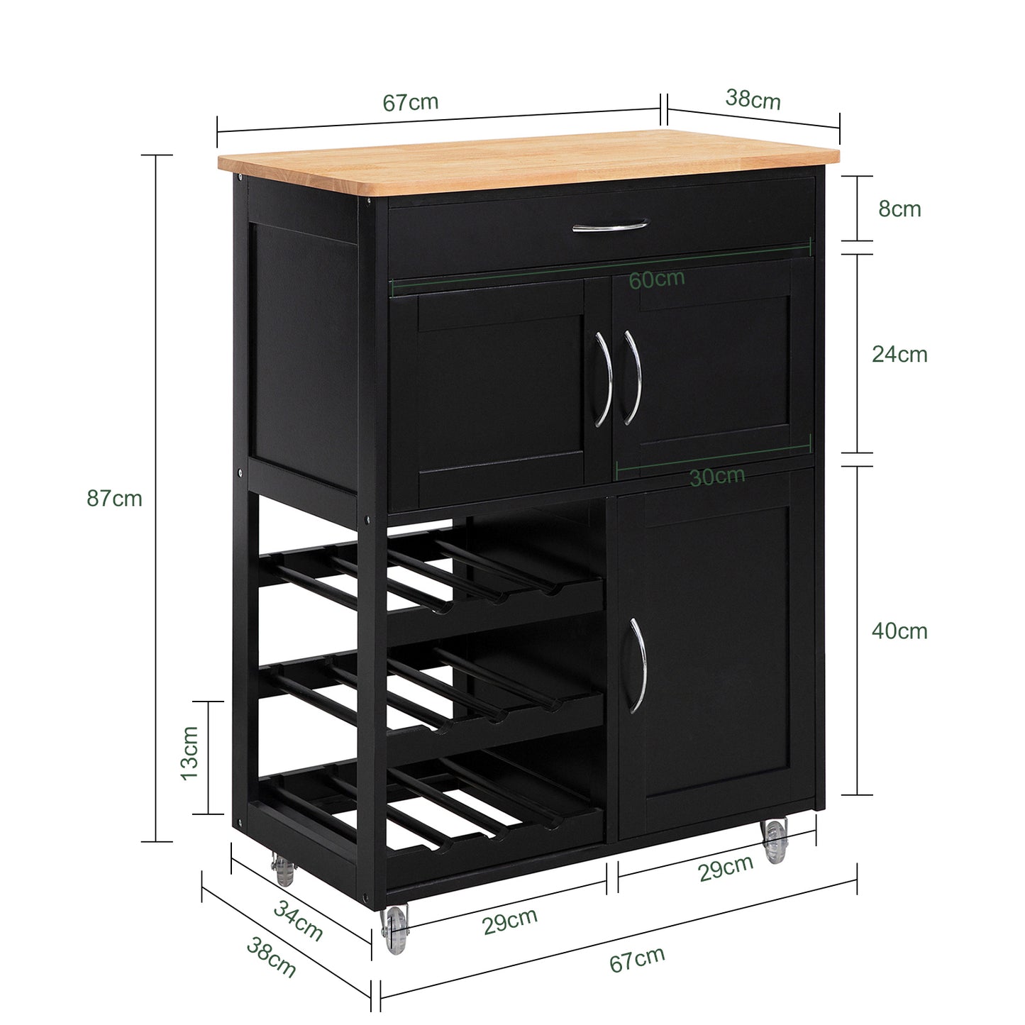 SoBuy Serving Trolley with Bottle Racks and Drawer Kitchen Cabinet Trolley Wine Cabinet Black