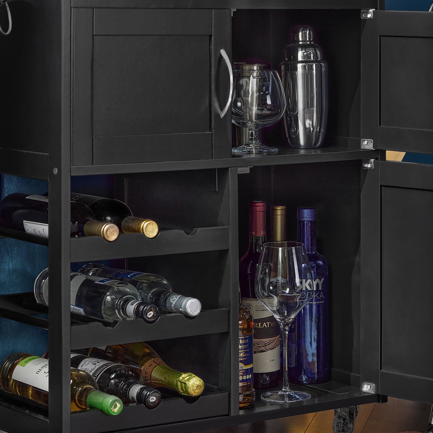 SoBuy Serving Trolley with Bottle Racks and Drawer Kitchen Cabinet Trolley Wine Cabinet Black