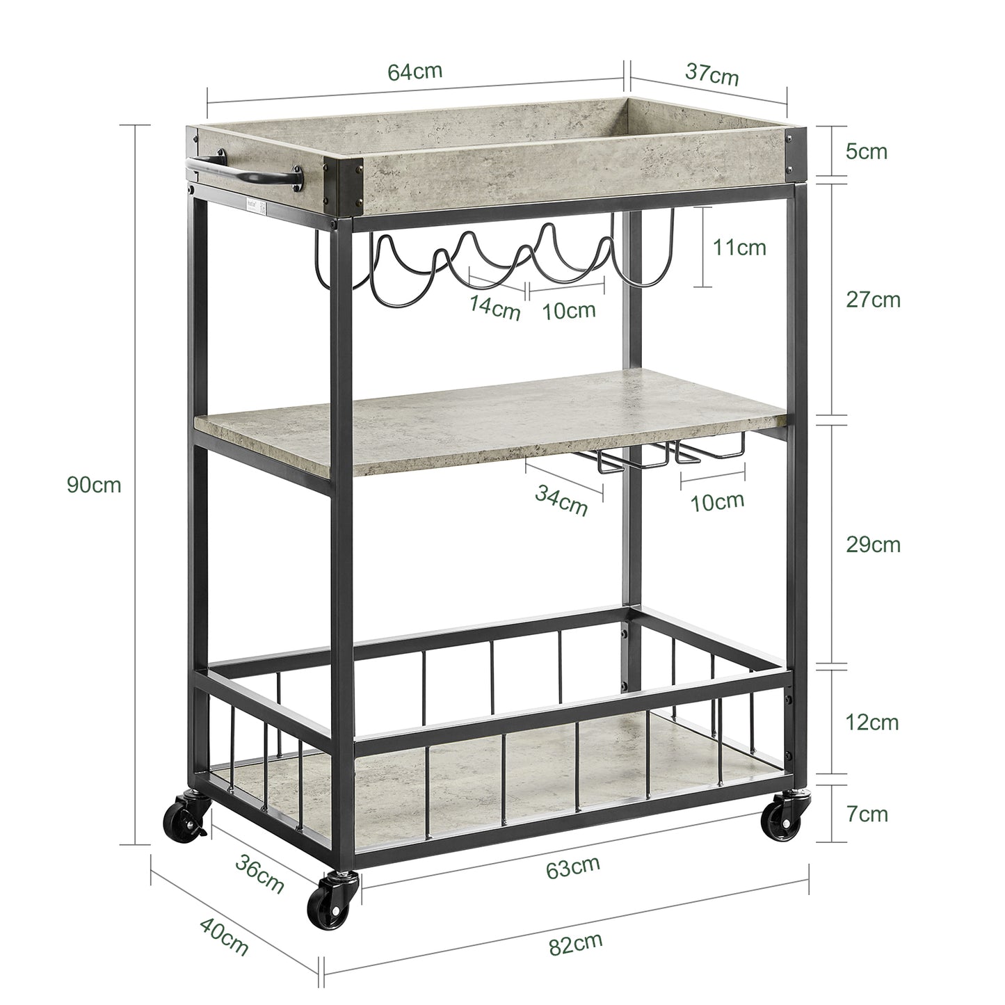 SoBuy Kitchen Trolley with Wine Rack, Industrial Style Serving Trolley, Rustic Mobile Kitchen Storage Trolley