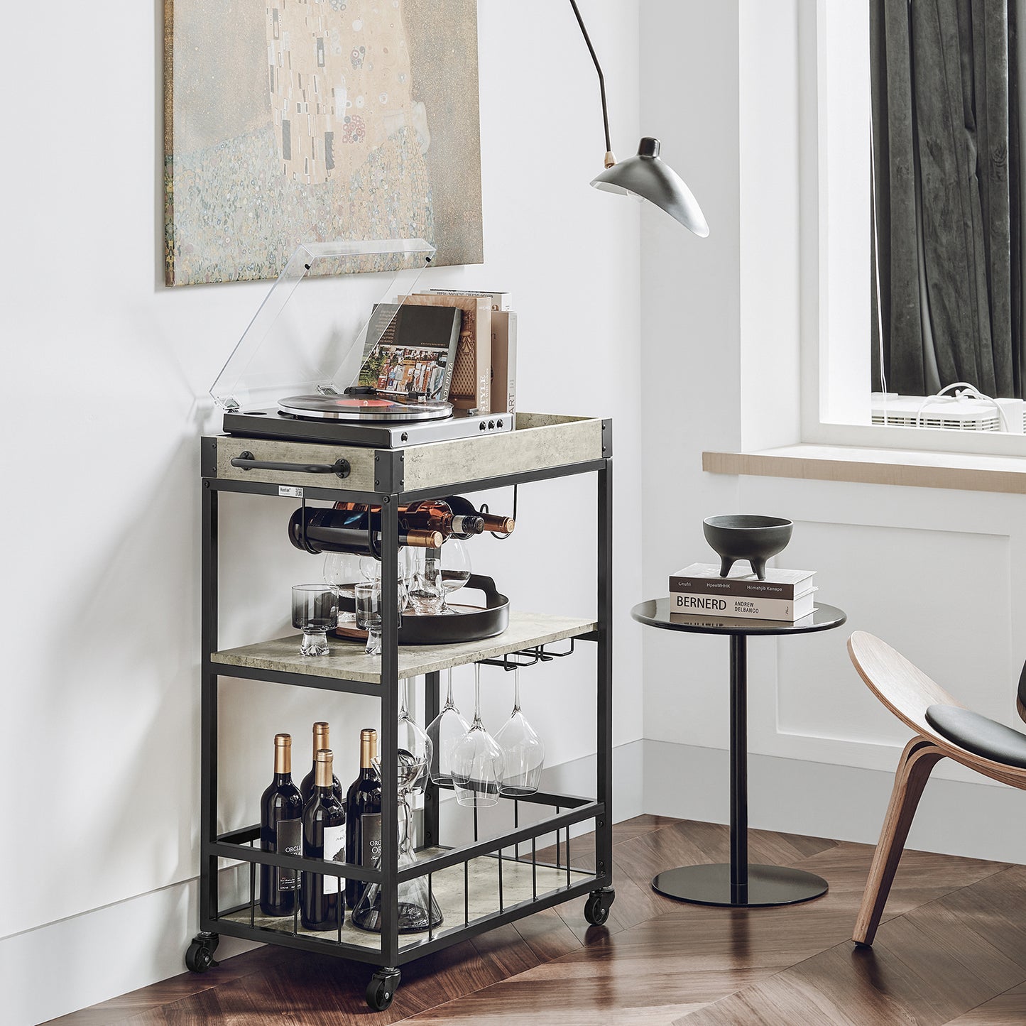 SoBuy Kitchen Trolley with Wine Rack, Industrial Style Serving Trolley, Rustic Mobile Kitchen Storage Trolley