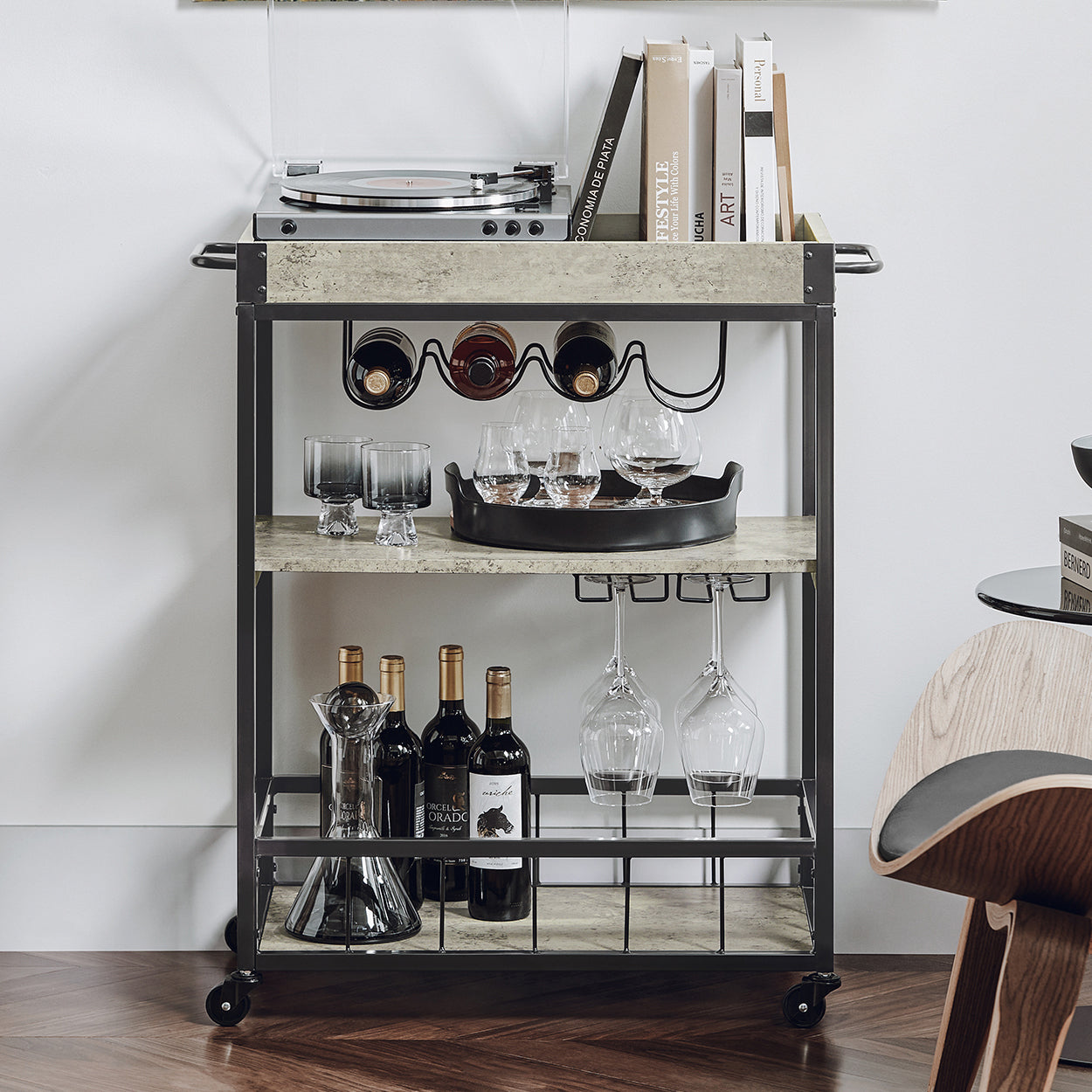 SoBuy Kitchen Trolley with Wine Rack, Industrial Style Serving Trolley, Rustic Mobile Kitchen Storage Trolley