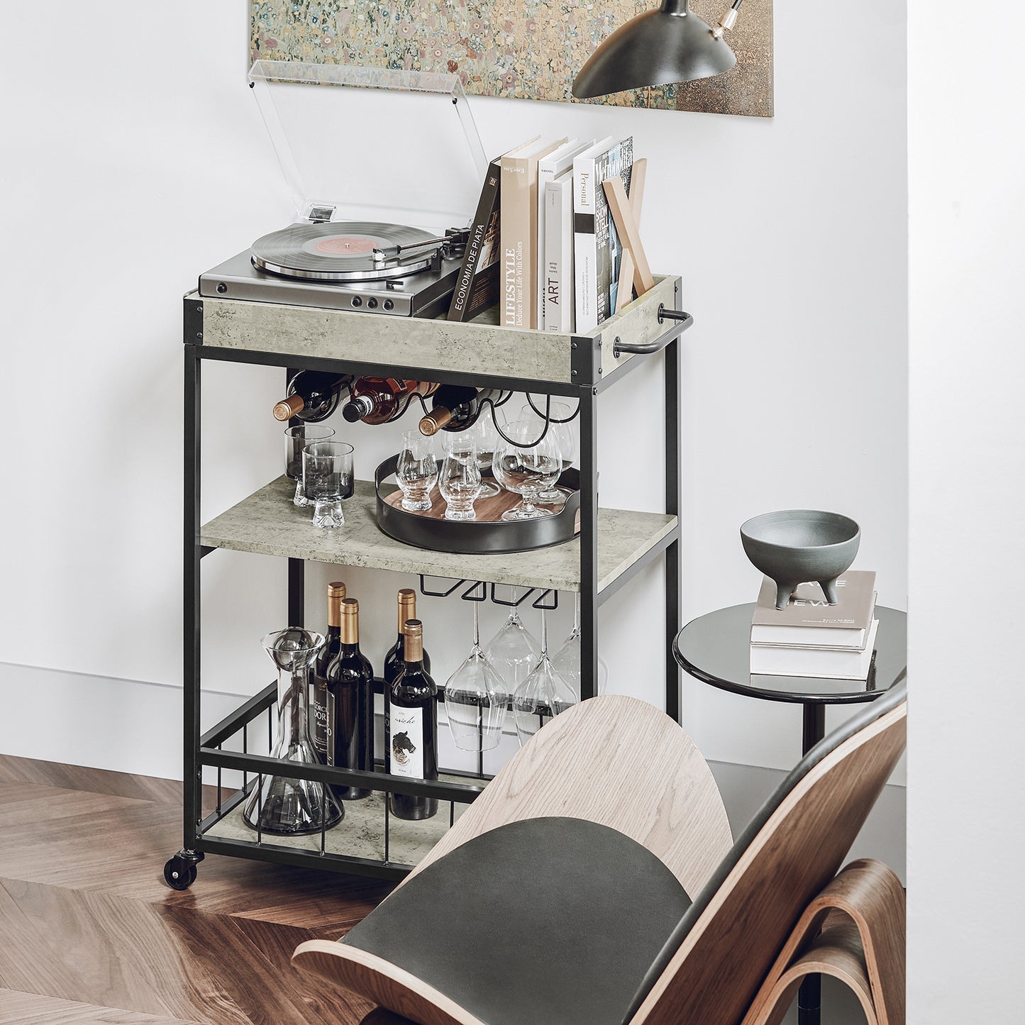 SoBuy Kitchen Trolley with Wine Rack, Industrial Style Serving Trolley, Rustic Mobile Kitchen Storage Trolley