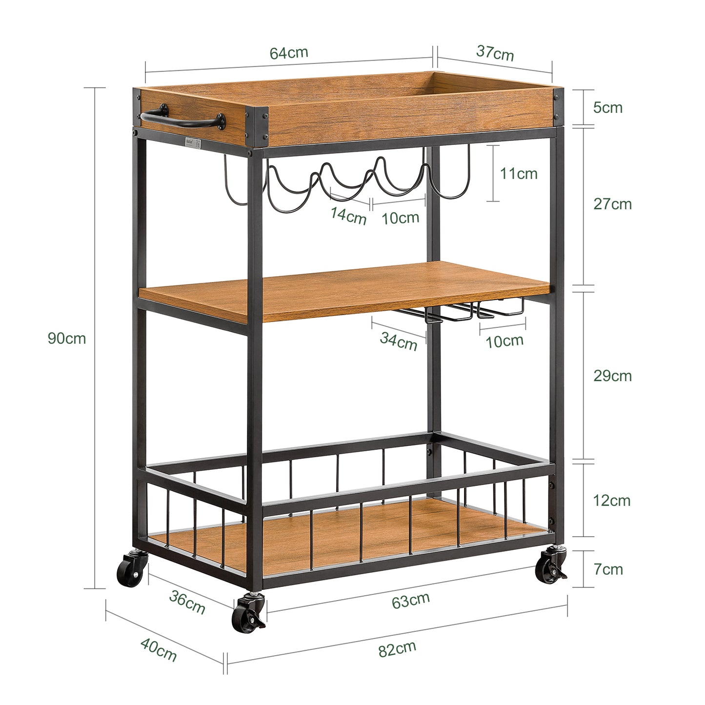 SoBuy Industrial Vintage Style Wood Metal 3 Tiers Kitchen Serving Trolley with Wine Rack