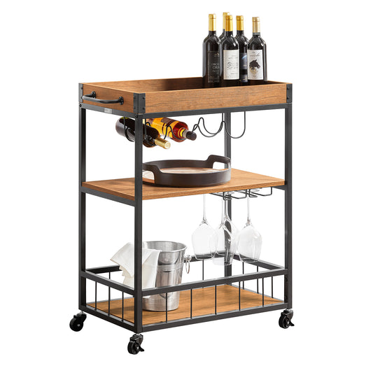 SoBuy Industrial Vintage Style Wood Metal 3 Tiers Kitchen Serving Trolley with Wine Rack