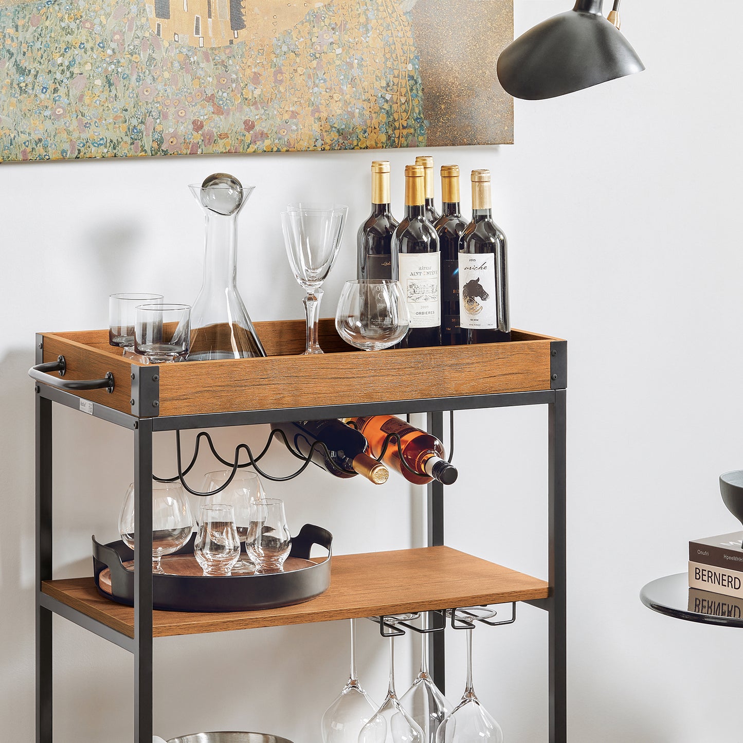 SoBuy Industrial Vintage Style Wood Metal 3 Tiers Kitchen Serving Trolley with Wine Rack