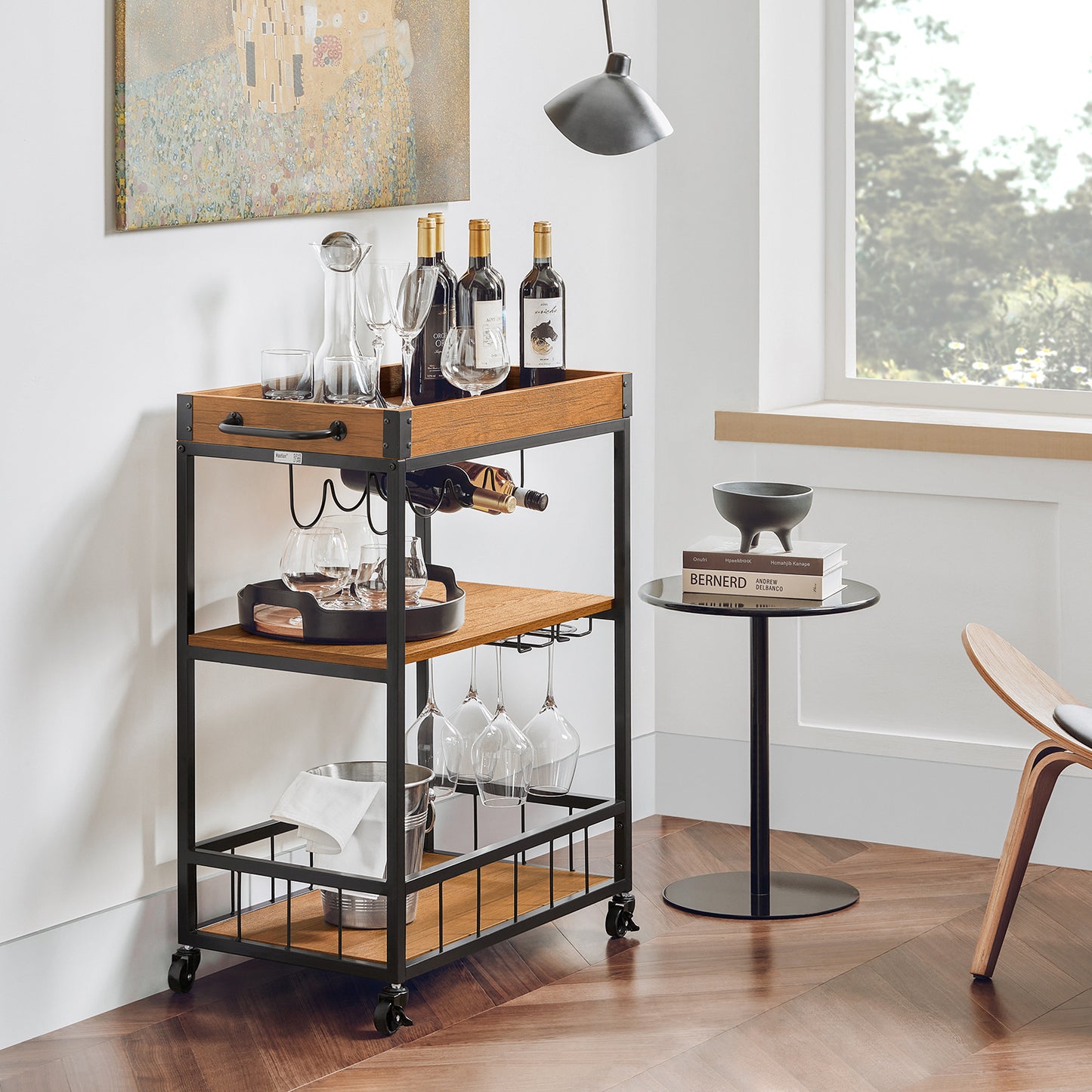 SoBuy Industrial Vintage Style Wood Metal 3 Tiers Kitchen Serving Trolley with Wine Rack