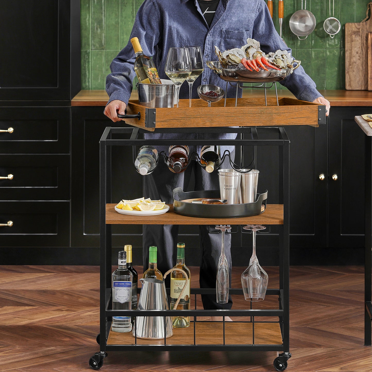 SoBuy Industrial Vintage Style Wood Metal 3 Tiers Kitchen Serving Trolley with Wine Rack