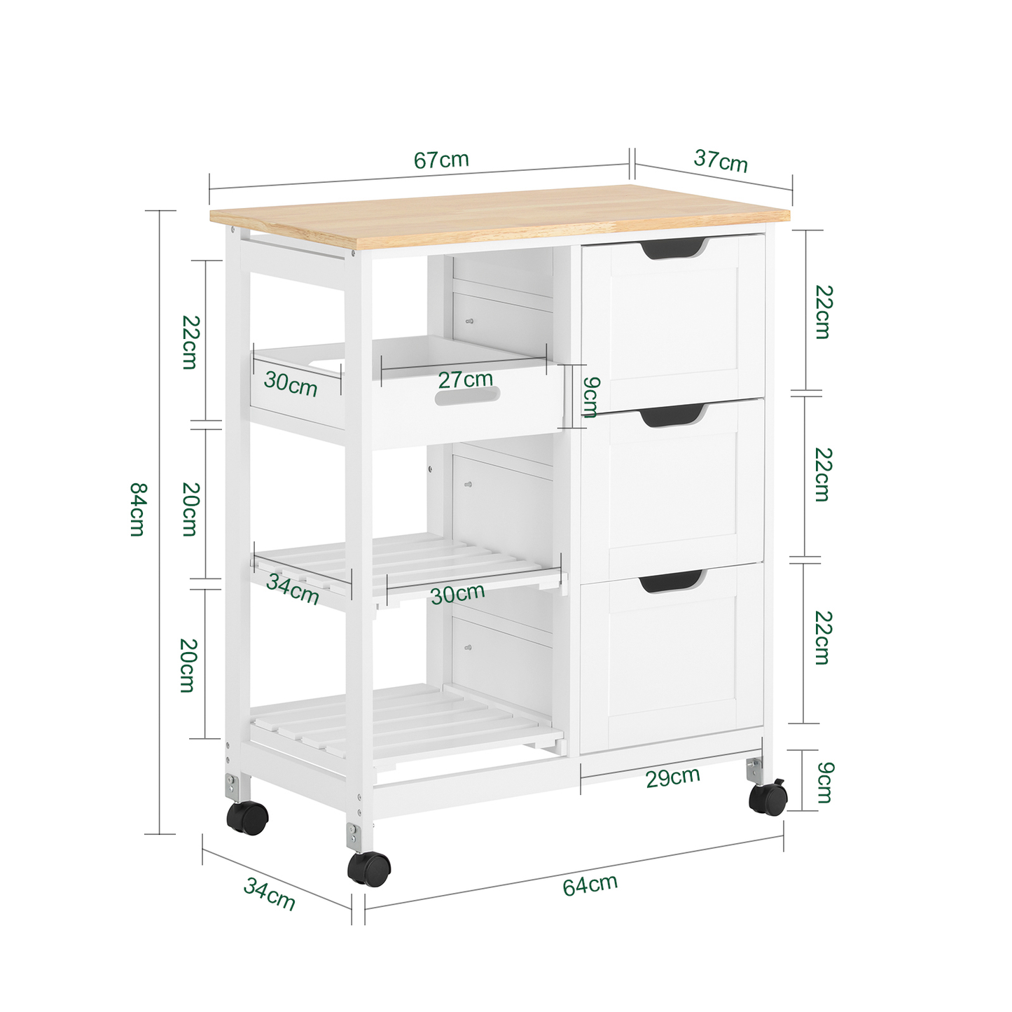 SoBuy Kitchen Serving Cart with 3 Drawers and Removable Tray,Kitchen Storage Trolley,White