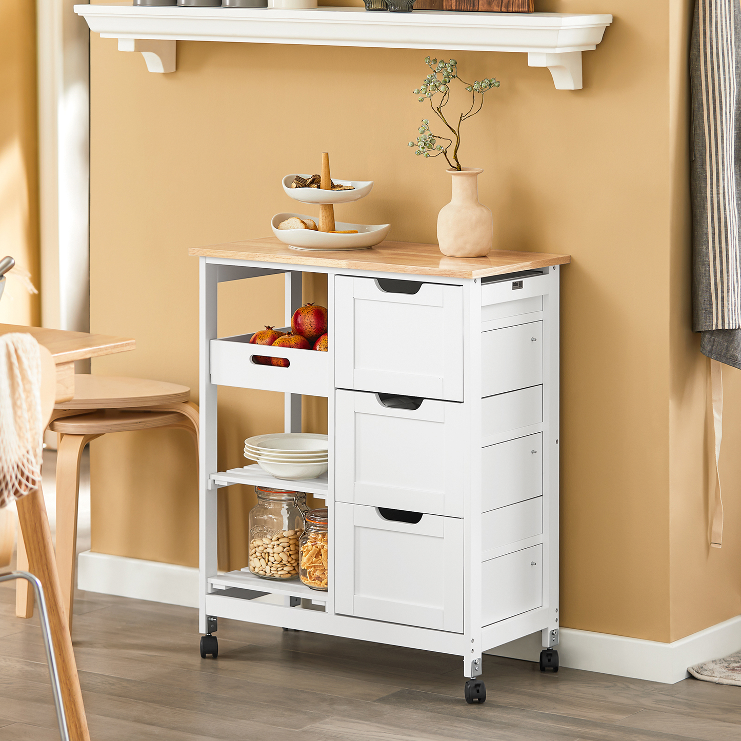 SoBuy Kitchen Serving Cart with 3 Drawers and Removable Tray,Kitchen Storage Trolley,White