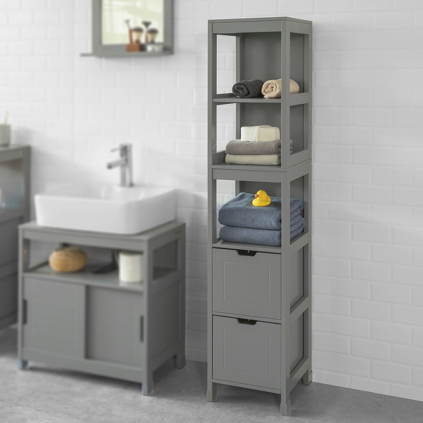 SoBuy Tall Cabinet with Shelf, Tall Cupboard with Drawer, Grey