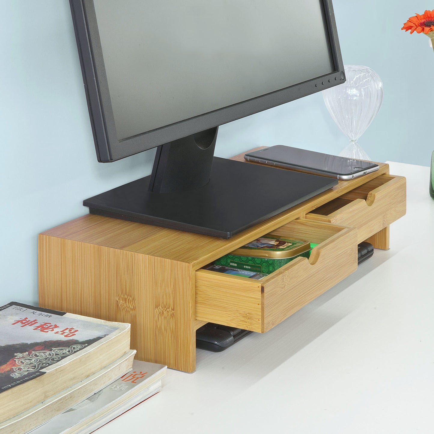SoBuy FRG198-N Bamboo Monitor Stand, Monitor Riser, Desk Organiser with Drawers
