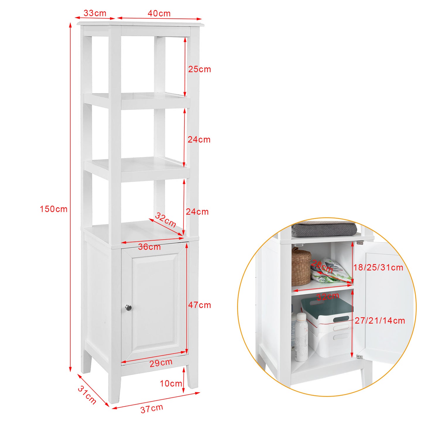 SoBuy White Floor Standing Tall Bathroom Storage Cabinet with 3 Shelves and 1Door,Linen Tower Bath Cabinet, Cabinet with Shelf