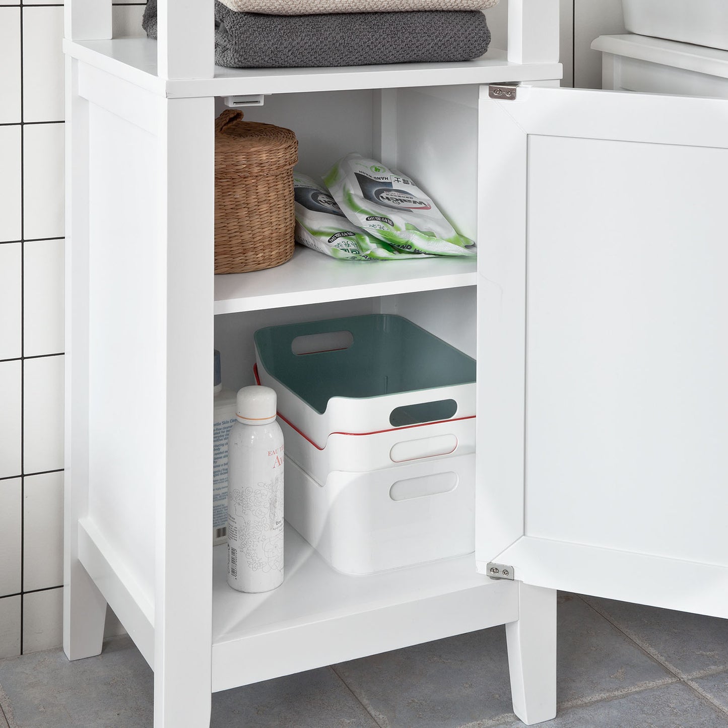 SoBuy White Floor Standing Tall Bathroom Storage Cabinet with 3 Shelves and 1Door,Linen Tower Bath Cabinet, Cabinet with Shelf