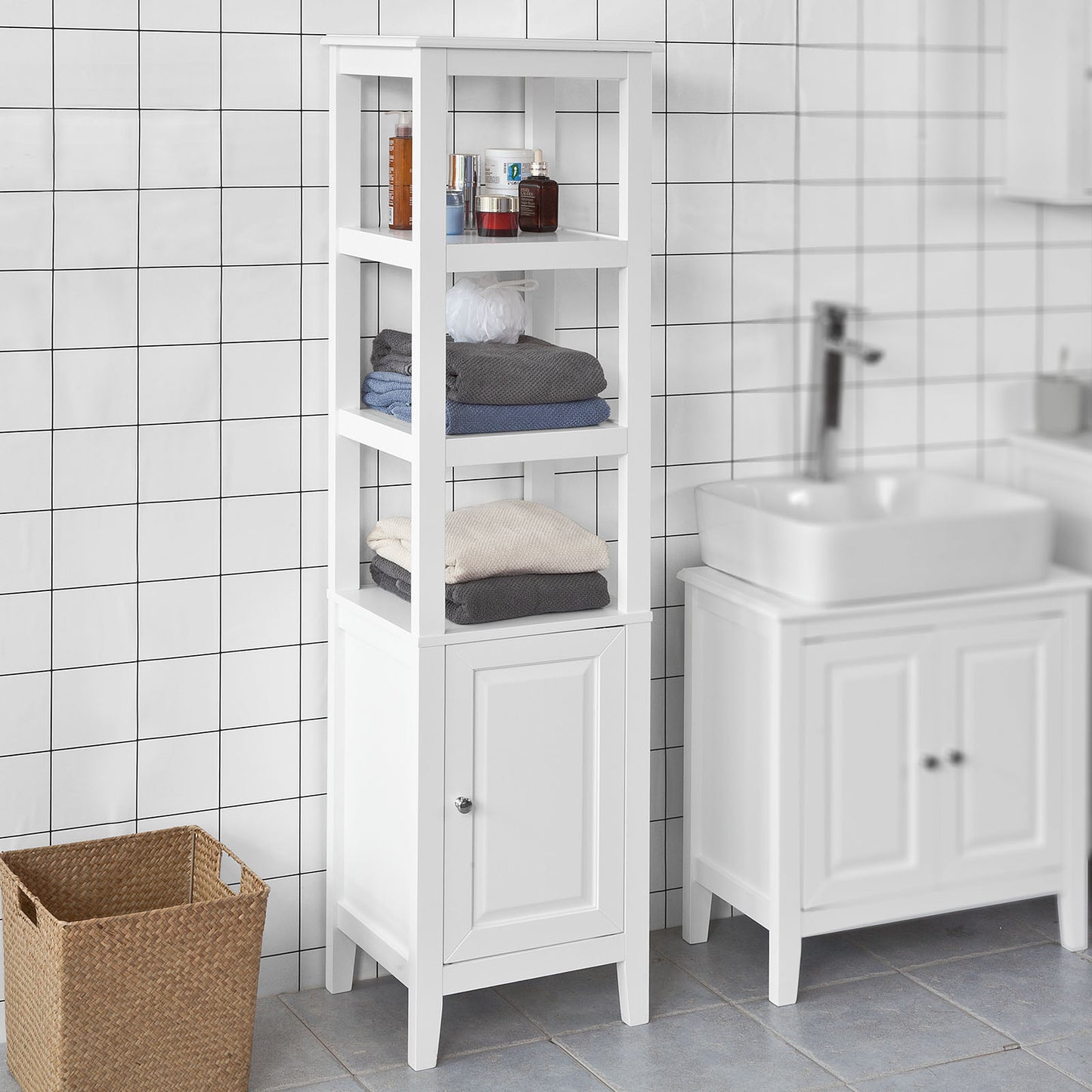 SoBuy White Floor Standing Tall Bathroom Storage Cabinet with 3 Shelves and 1Door,Linen Tower Bath Cabinet, Cabinet with Shelf