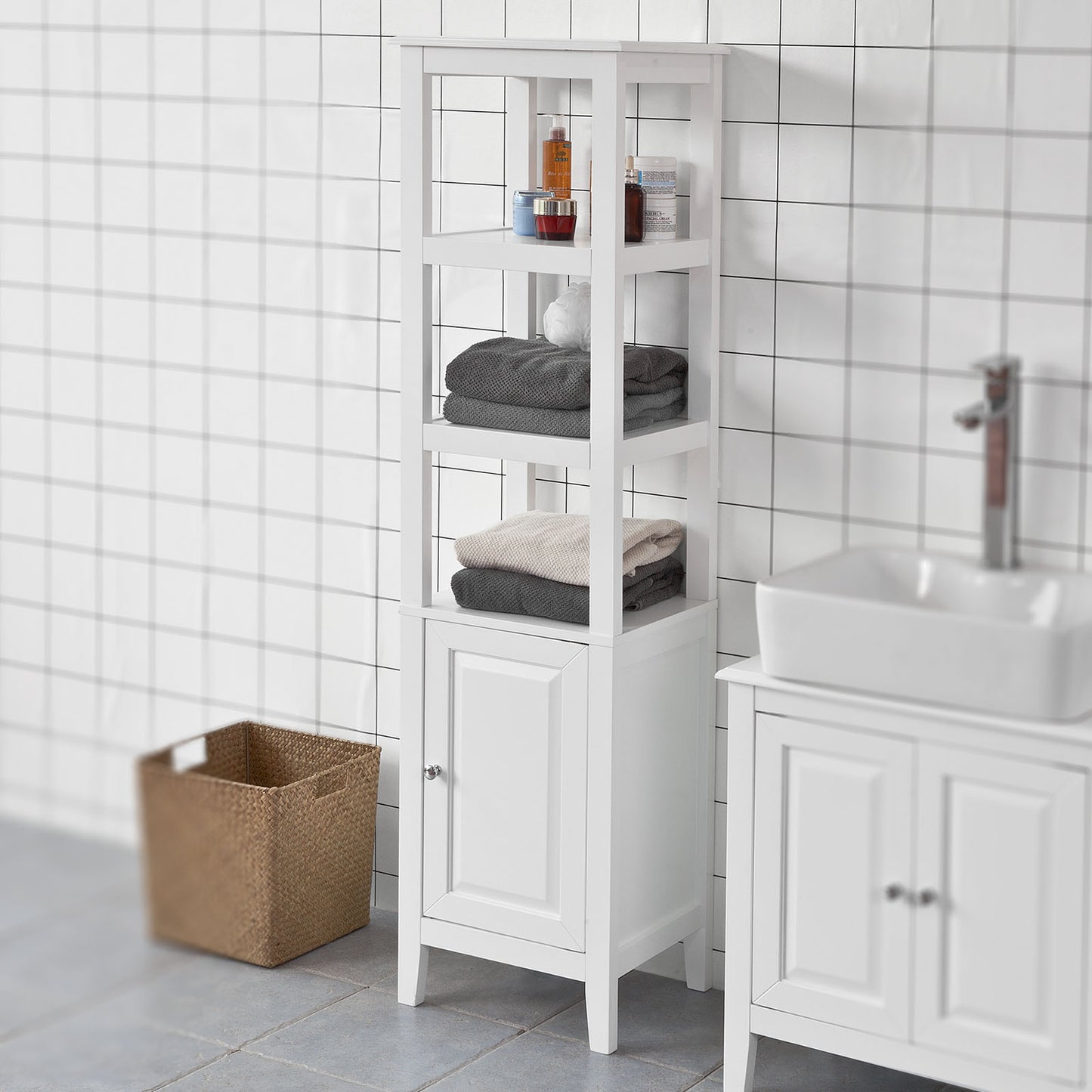 SoBuy White Floor Standing Tall Bathroom Storage Cabinet with 3 Shelves and 1Door,Linen Tower Bath Cabinet, Cabinet with Shelf