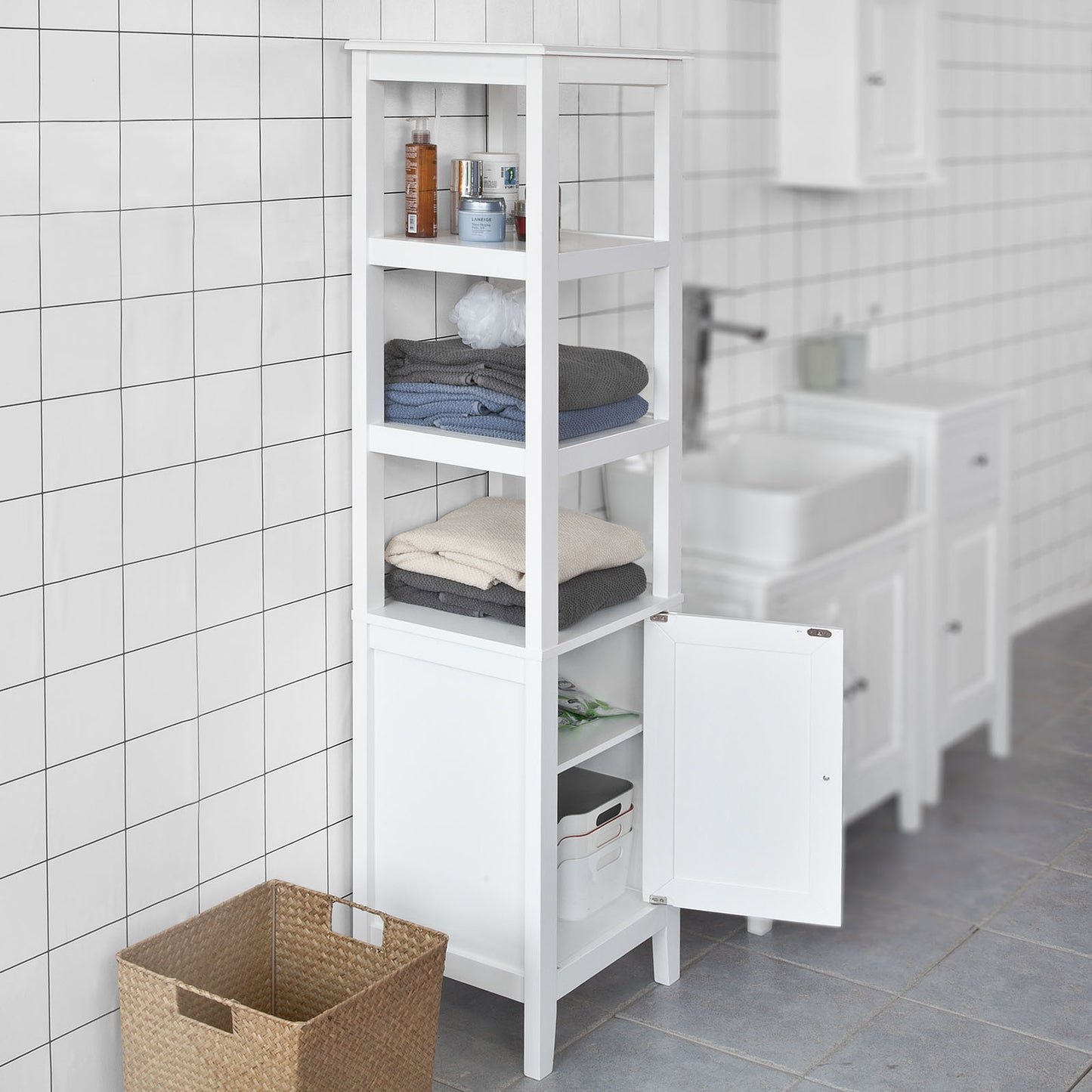 SoBuy White Floor Standing Tall Bathroom Storage Cabinet with 3 Shelves and 1Door,Linen Tower Bath Cabinet, Cabinet with Shelf