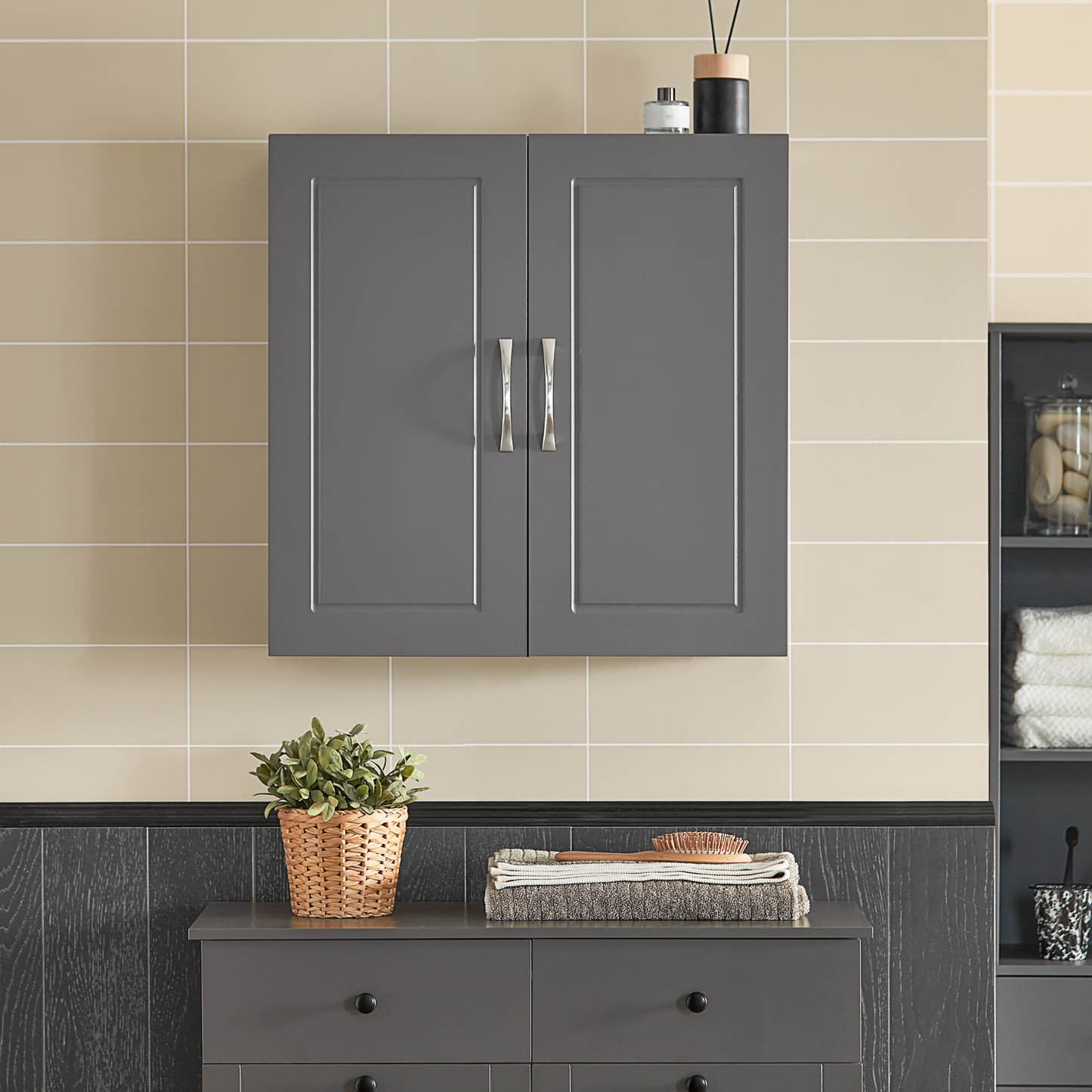 SoBuy Wall Storage Cabinet Unit with Double Doors,Kitchen Bathroom Wall Cabinet,Garage or Laundry Room Grey