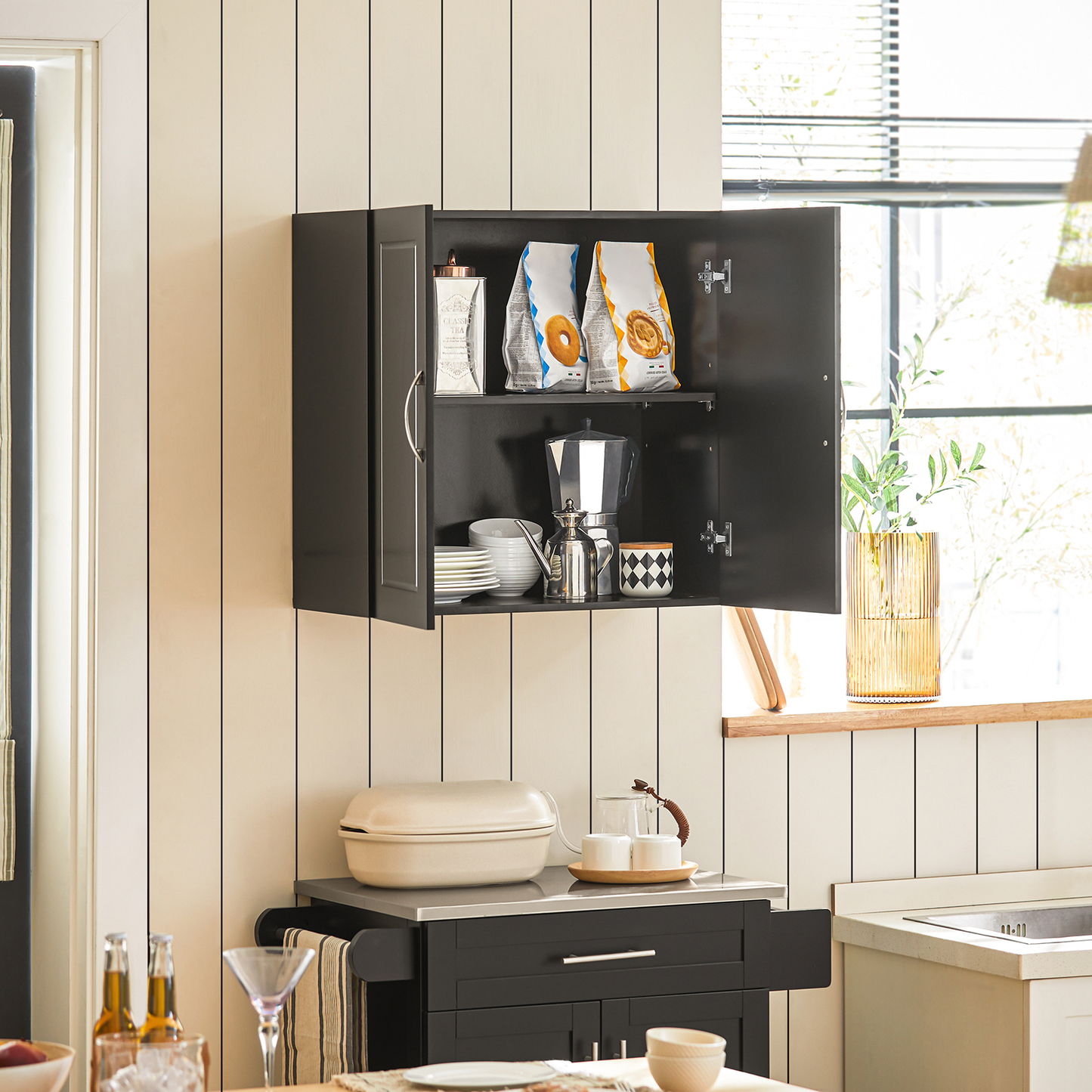 SoBuy FRG231-SCH,Wall Storage Cabinet Unit with Double Doors,Kitchen Bathroom Wall Cabinet,Garage or Laundry Room Black