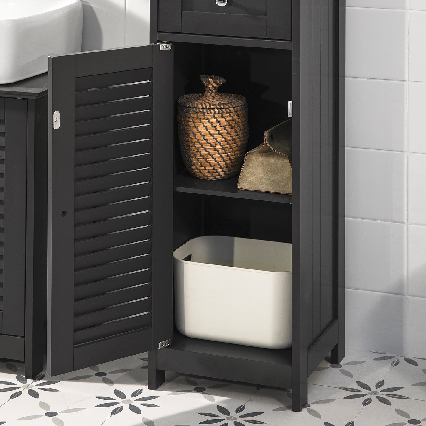 SoBuy FRG236-DG Tall Bathroom Cabinet with Shelf and Drawer, Tall Cupboard, Dark Grey Tall Cabinet
