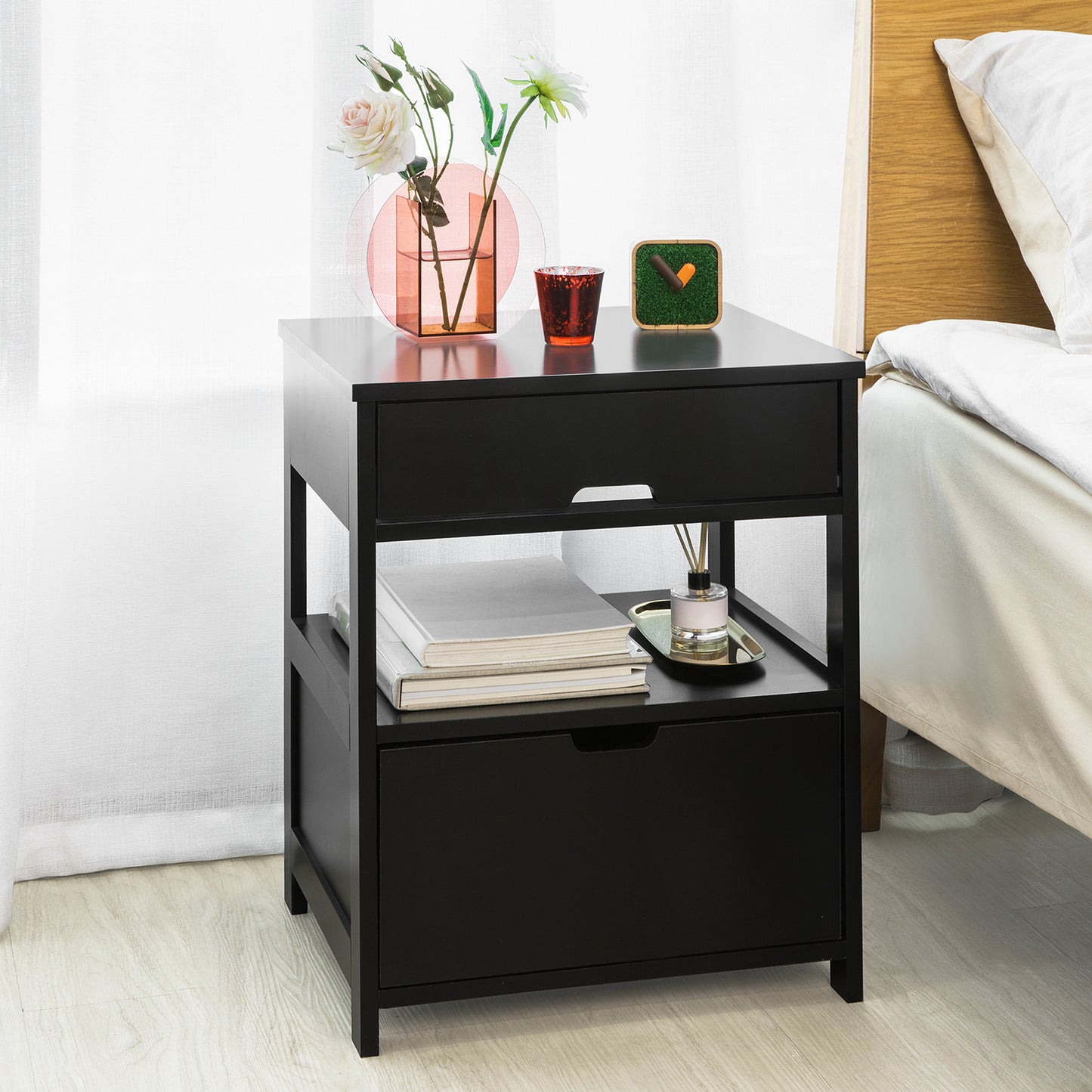 SoBuy FRG258-SCH Bedside Table with 2 Drawers, Side Table, Night Stand, Lamp Table, End Table, Black