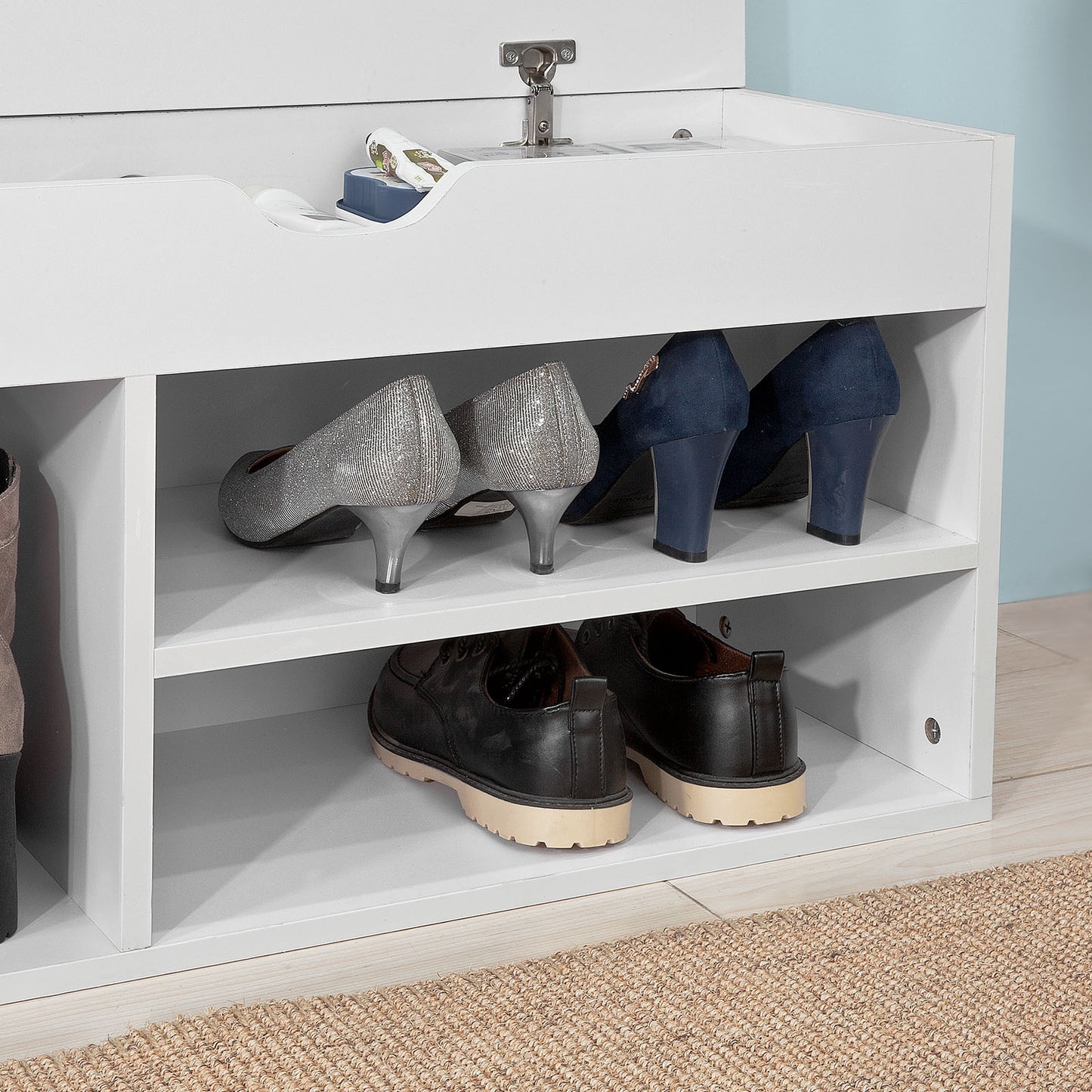 SoBuy FSR45-HG Padded Shoe Bench with Lift-Up Top, Storage Bench with Shelves, Shoe Rack