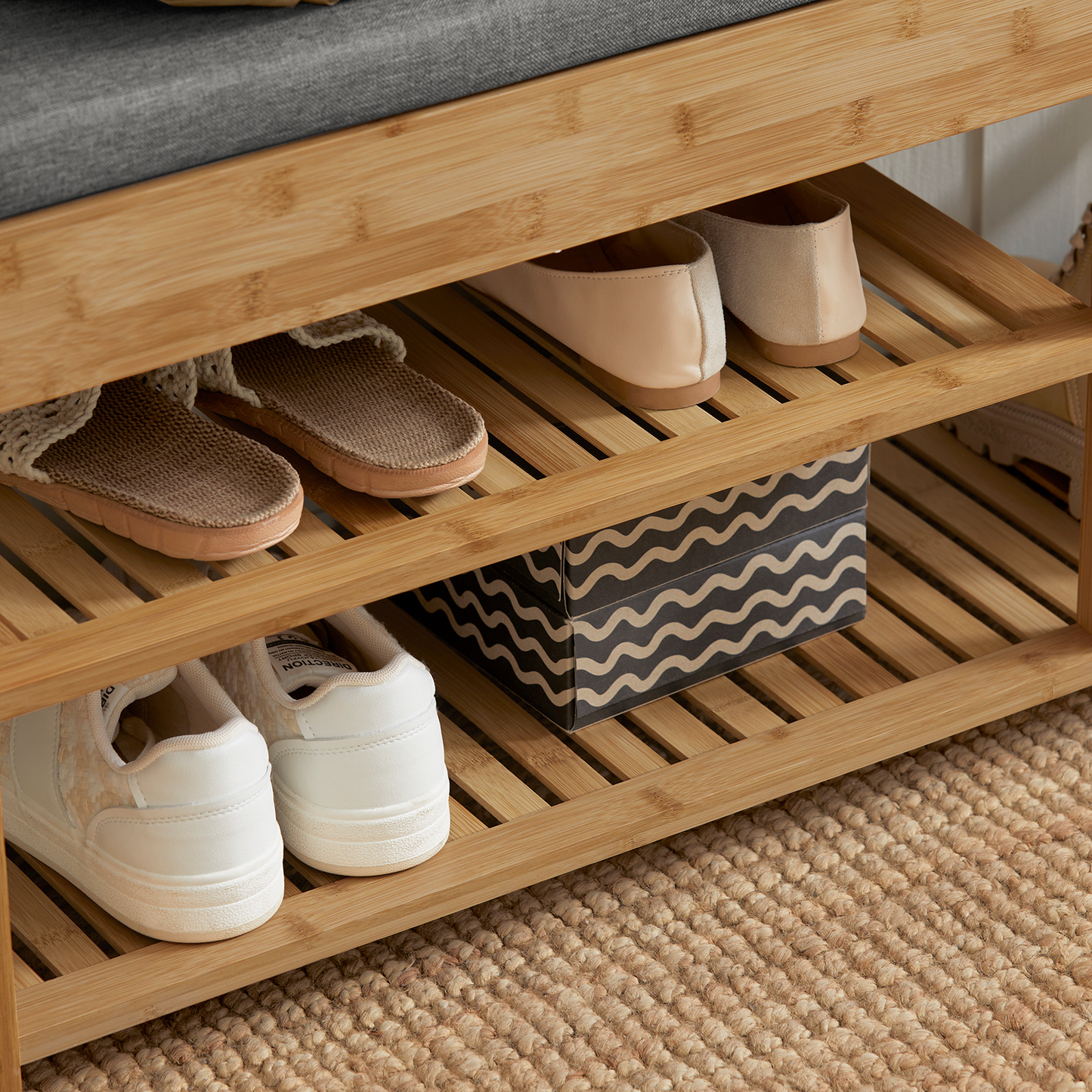SoBuy FSR47-N Bamboo Shoe Bench with Drawers and Lift Top